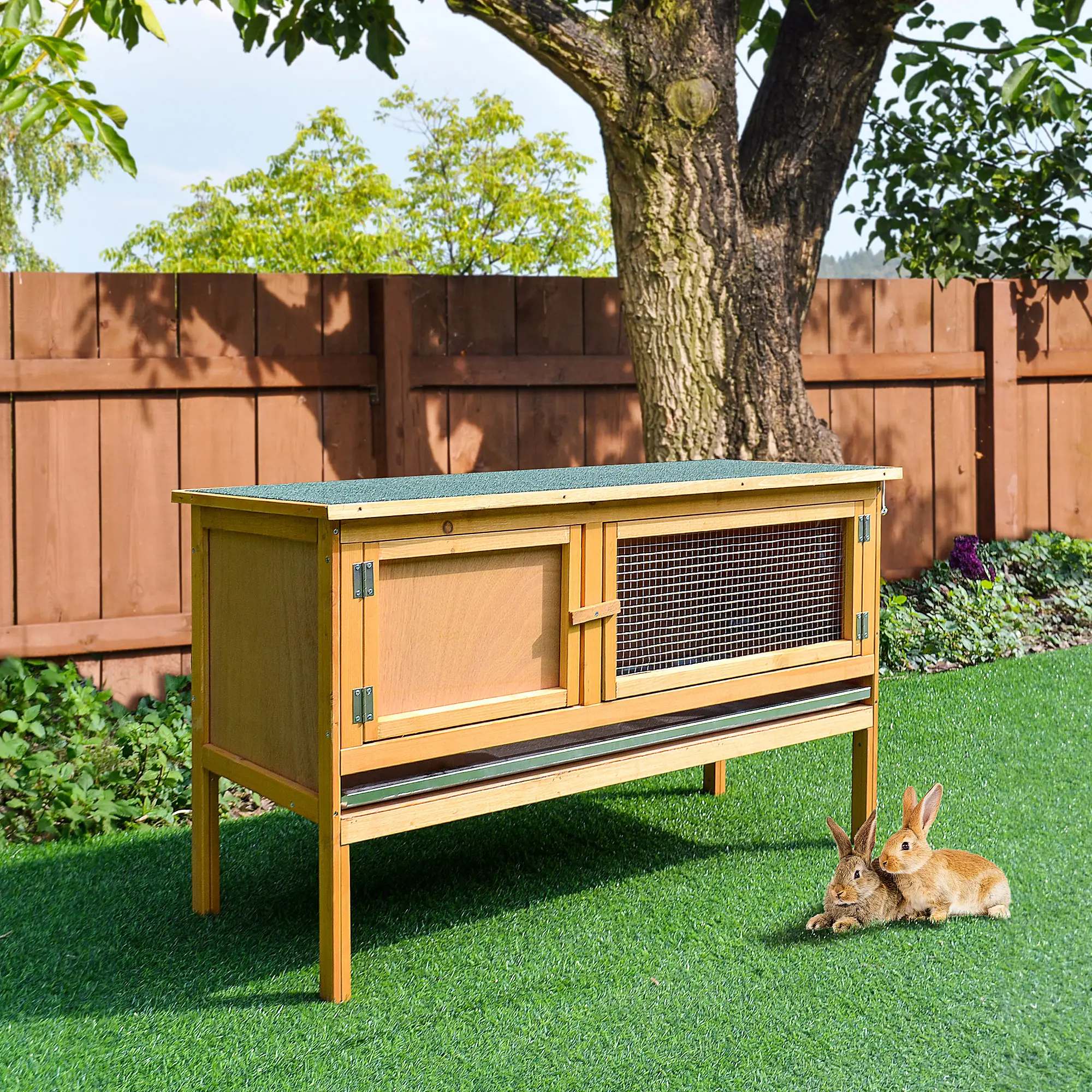 Wooden Rabbit Hutch, Indoor Outdoor Bunny Cage, Slide-Out Tray, Openable Roof - Image 2