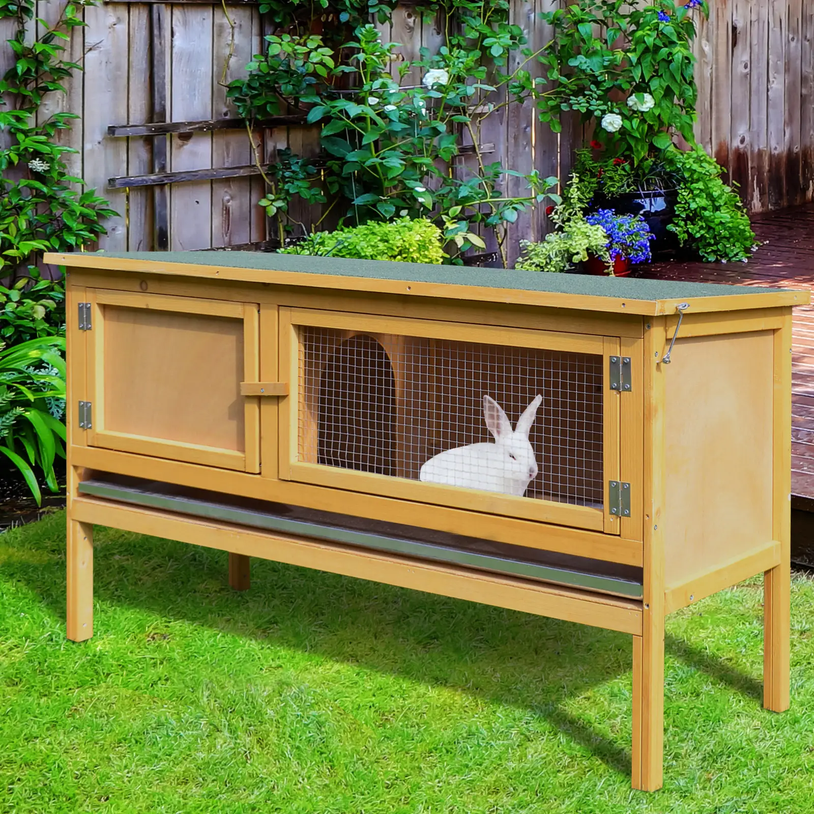 Wooden Rabbit Hutch, Indoor Outdoor Bunny Cage, Slide-Out Tray, Openable Roof - Image 8
