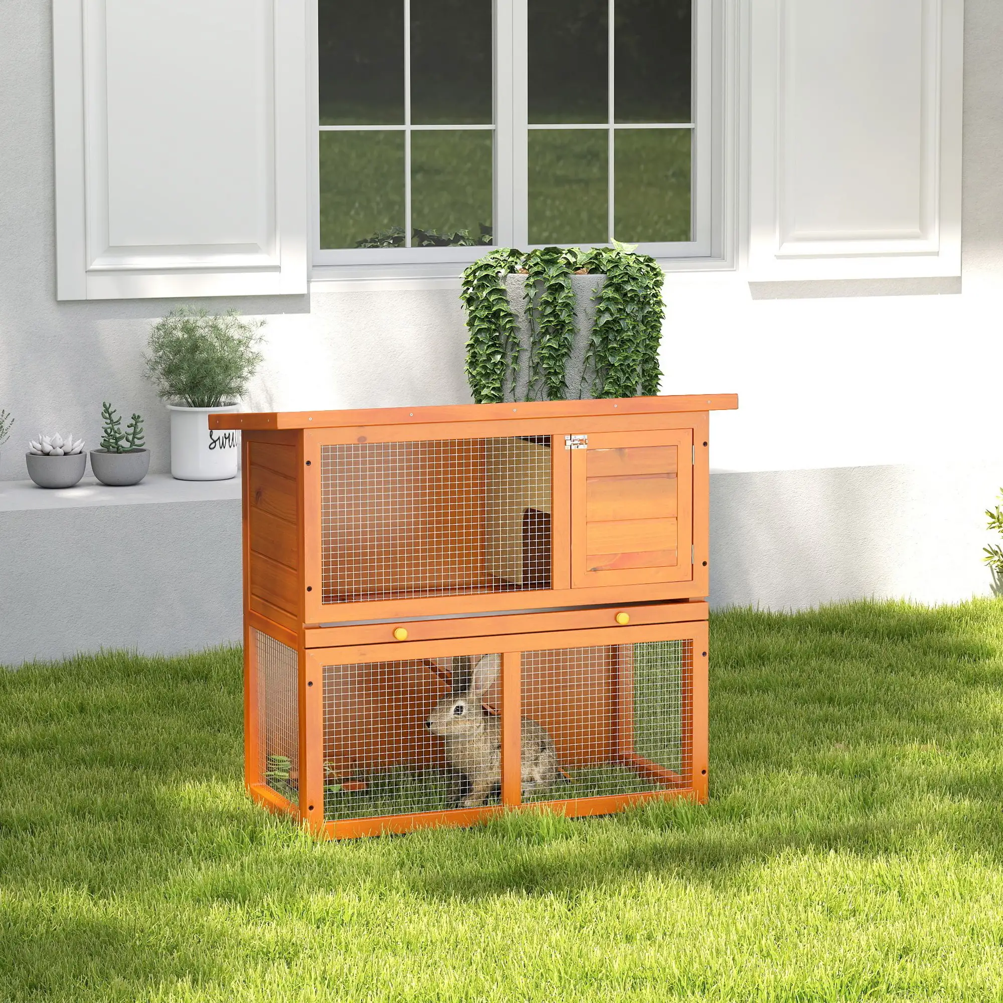 Wooden Rabbit Hutch, Small Animal Cage, 2-Level with Run - Image 7