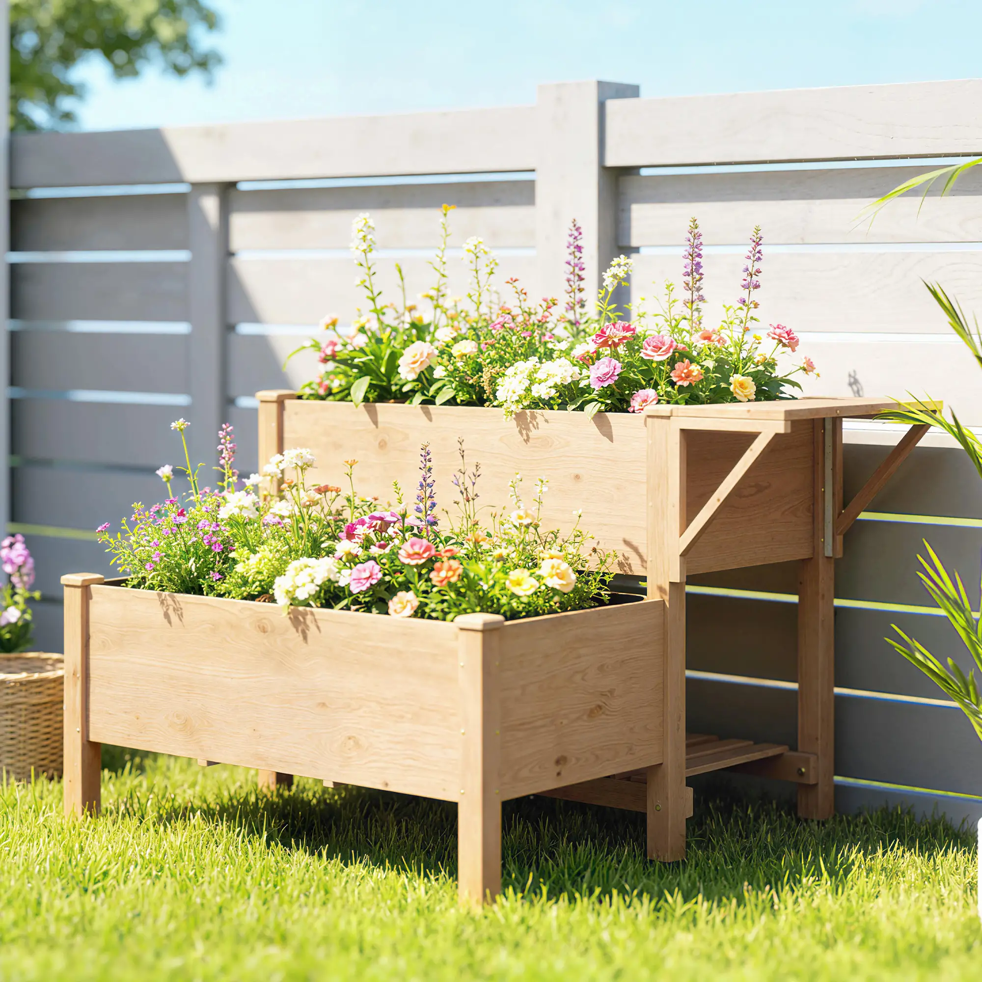 Wooden Raised Garden Bed, 2-Tier Planter With Storage Shelf - Image 2
