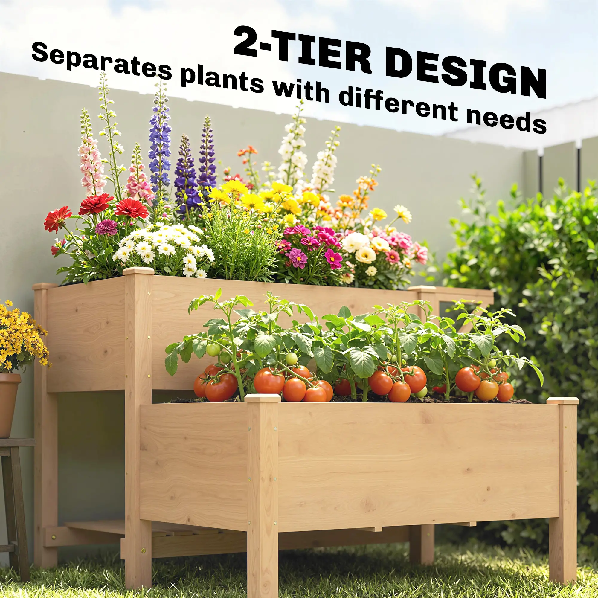 Wooden Raised Garden Bed, 2-Tier Planter With Storage Shelf - Image 4