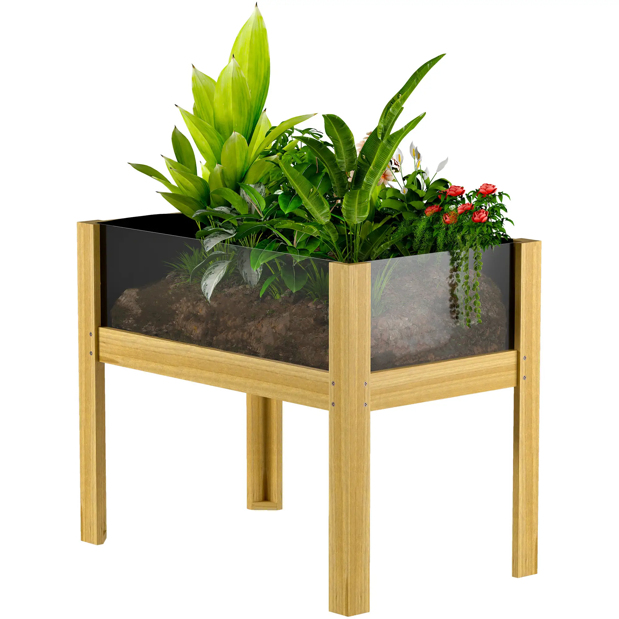 Wooden Raised Garden Bed, Acrylic Panels, Drainage Holes, 29.5" x 18.1" x 23.8"