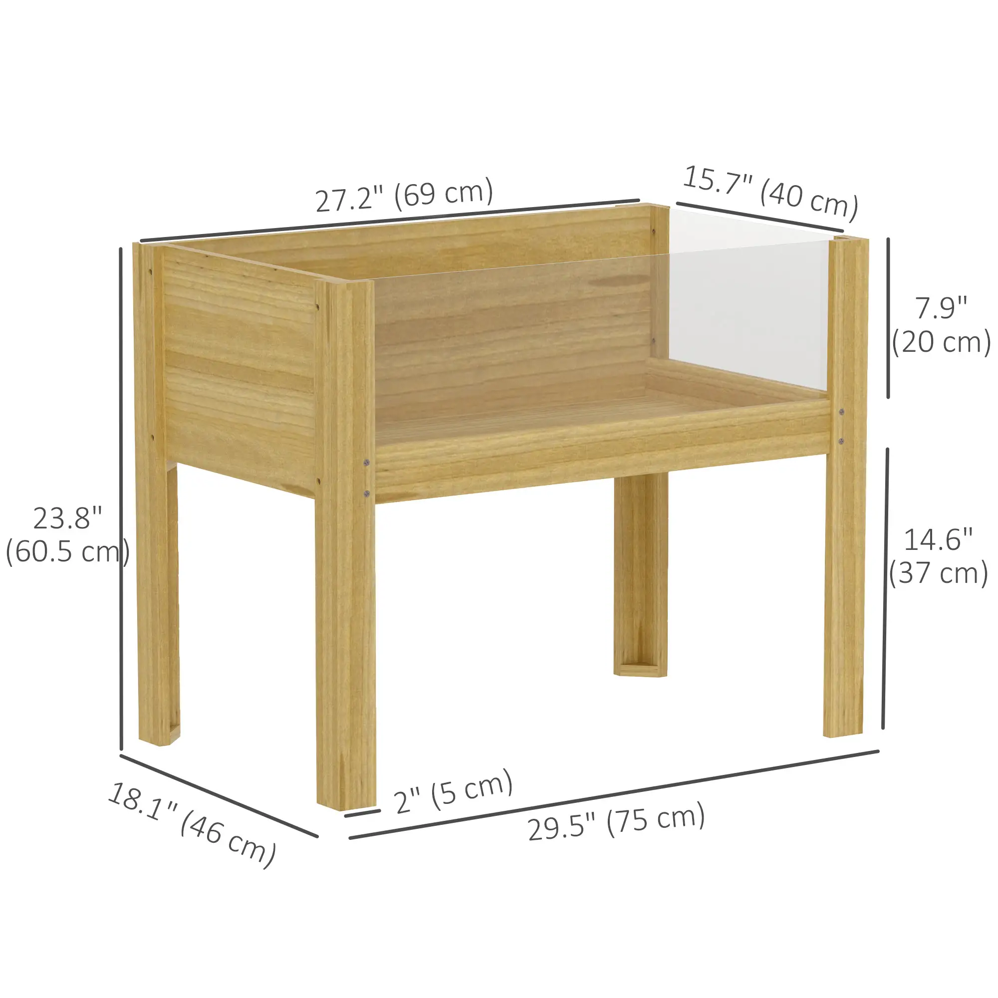Wooden Raised Garden Bed, Acrylic Panels, Drainage Holes, 29.5" x 18.1" x 23.8" - Image 3