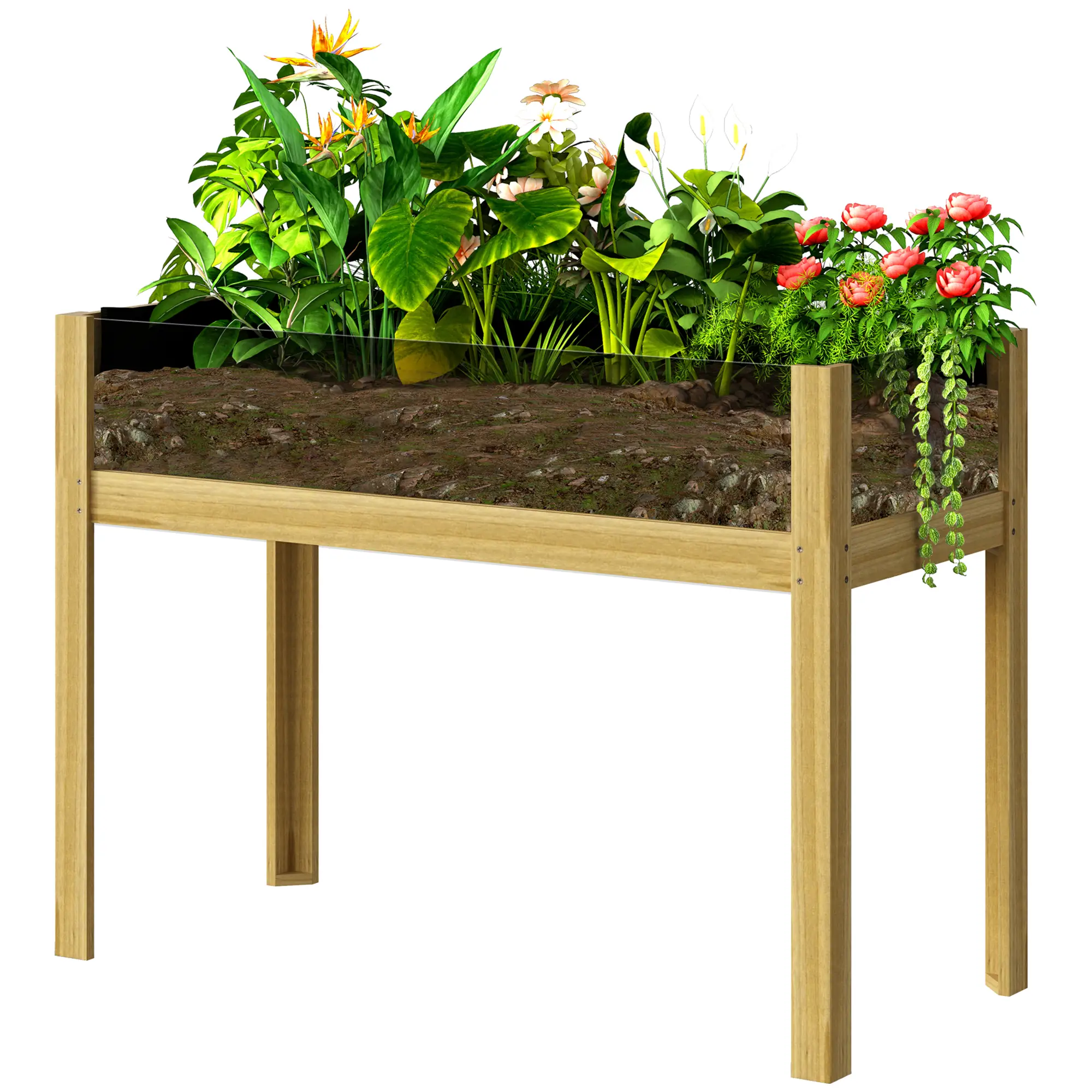 Wooden Raised Garden Bed, Acrylic Panels, Drainage Holes, 43.3" x 19.7" x 31.5"