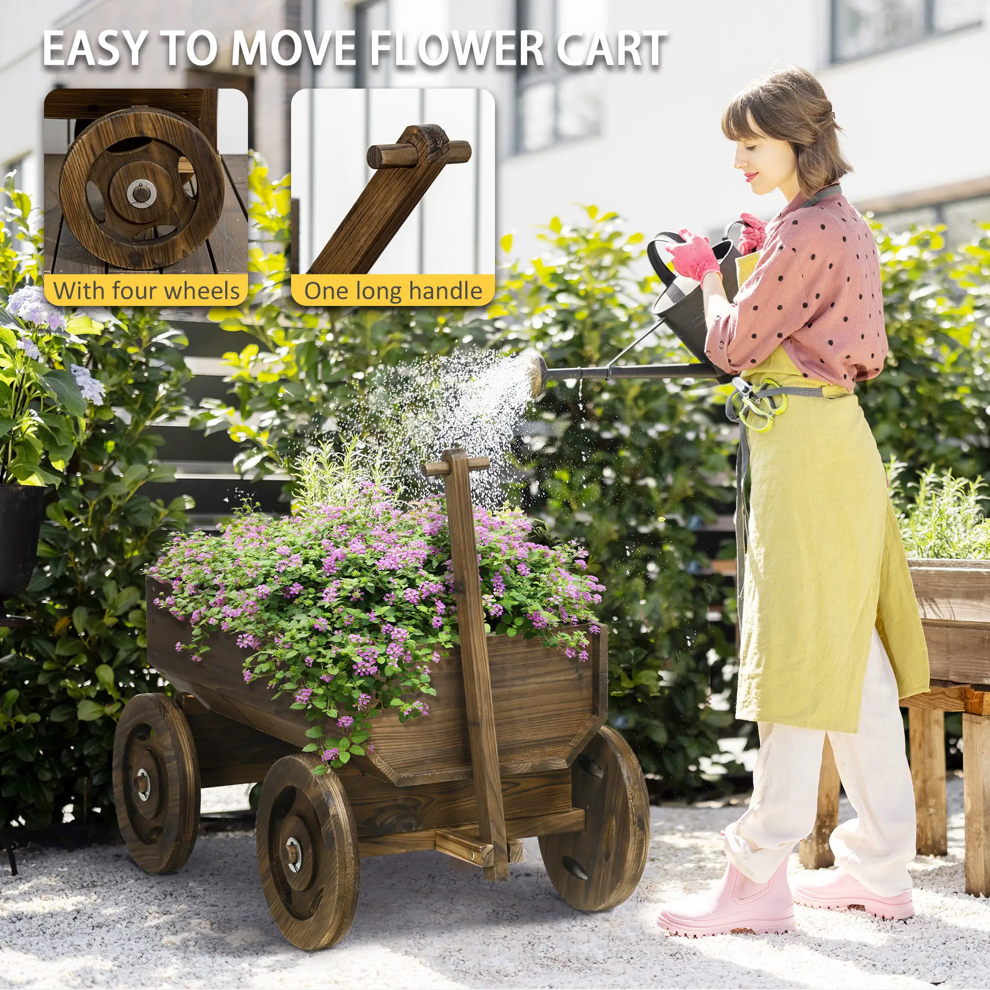 Wooden Raised Garden Bed, Flower Cart With Wheels, Outdoor Planters - Image 4