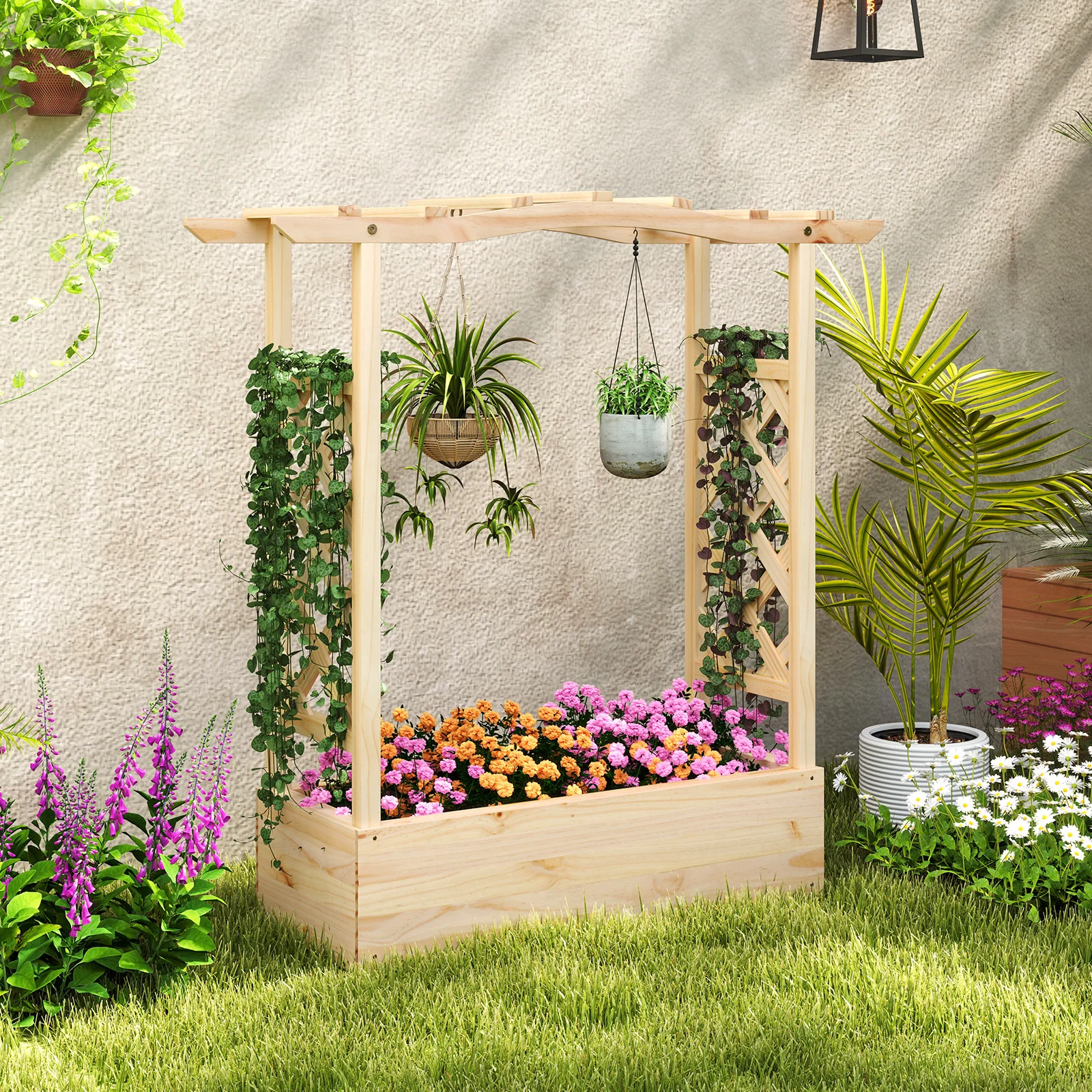 Wooden Raised Garden Bed Planter Box With Trellis And Hanging Roof - Image 2