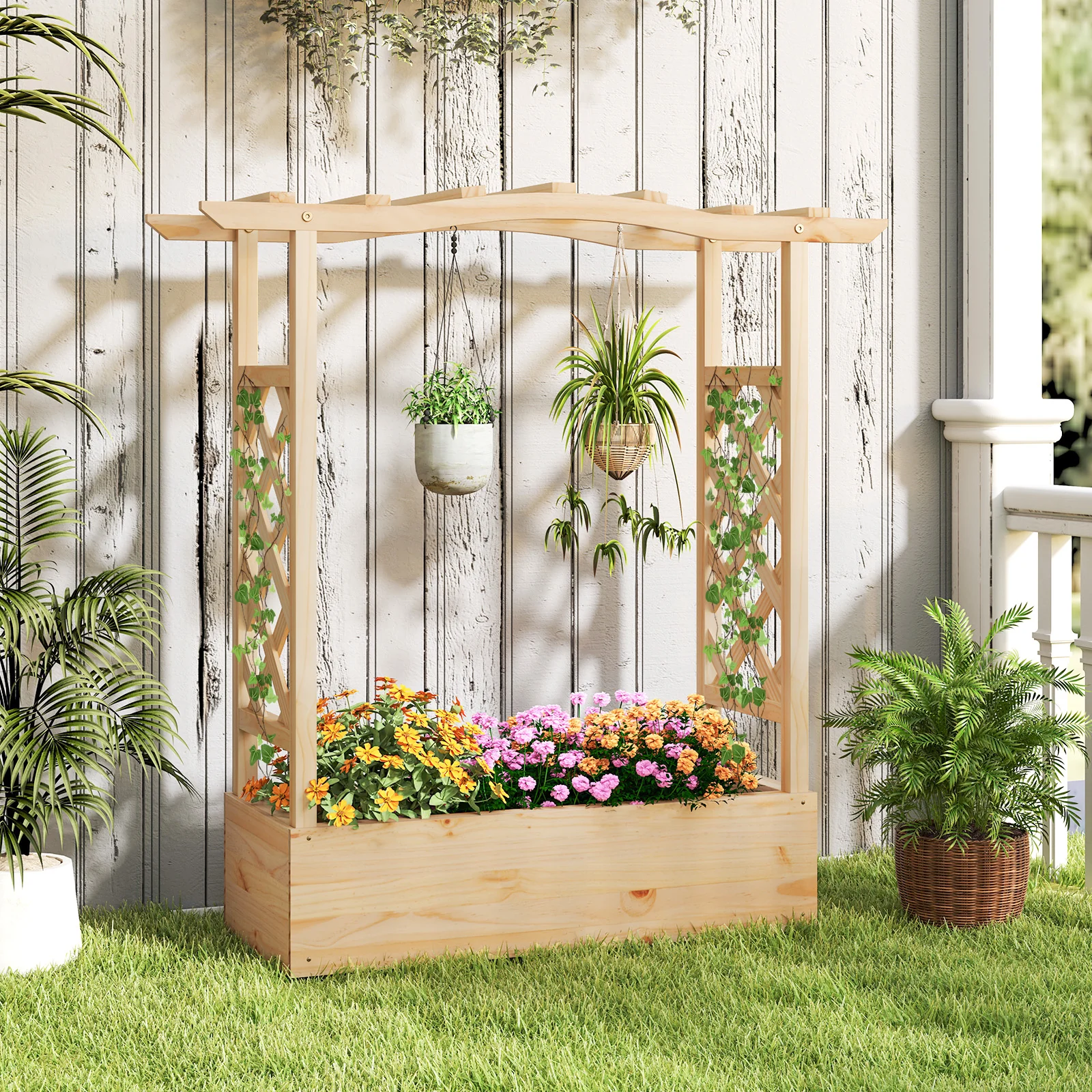 Wooden Raised Garden Bed Planter Box With Trellis And Hanging Roof - Image 3