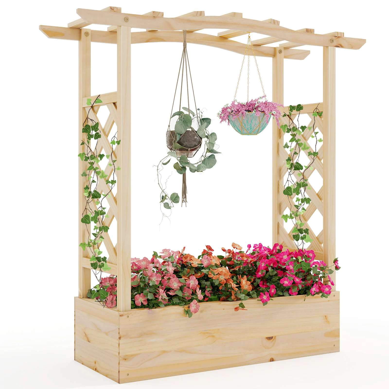Wooden Raised Garden Bed Planter Box With Trellis And Hanging Roof - Image 4
