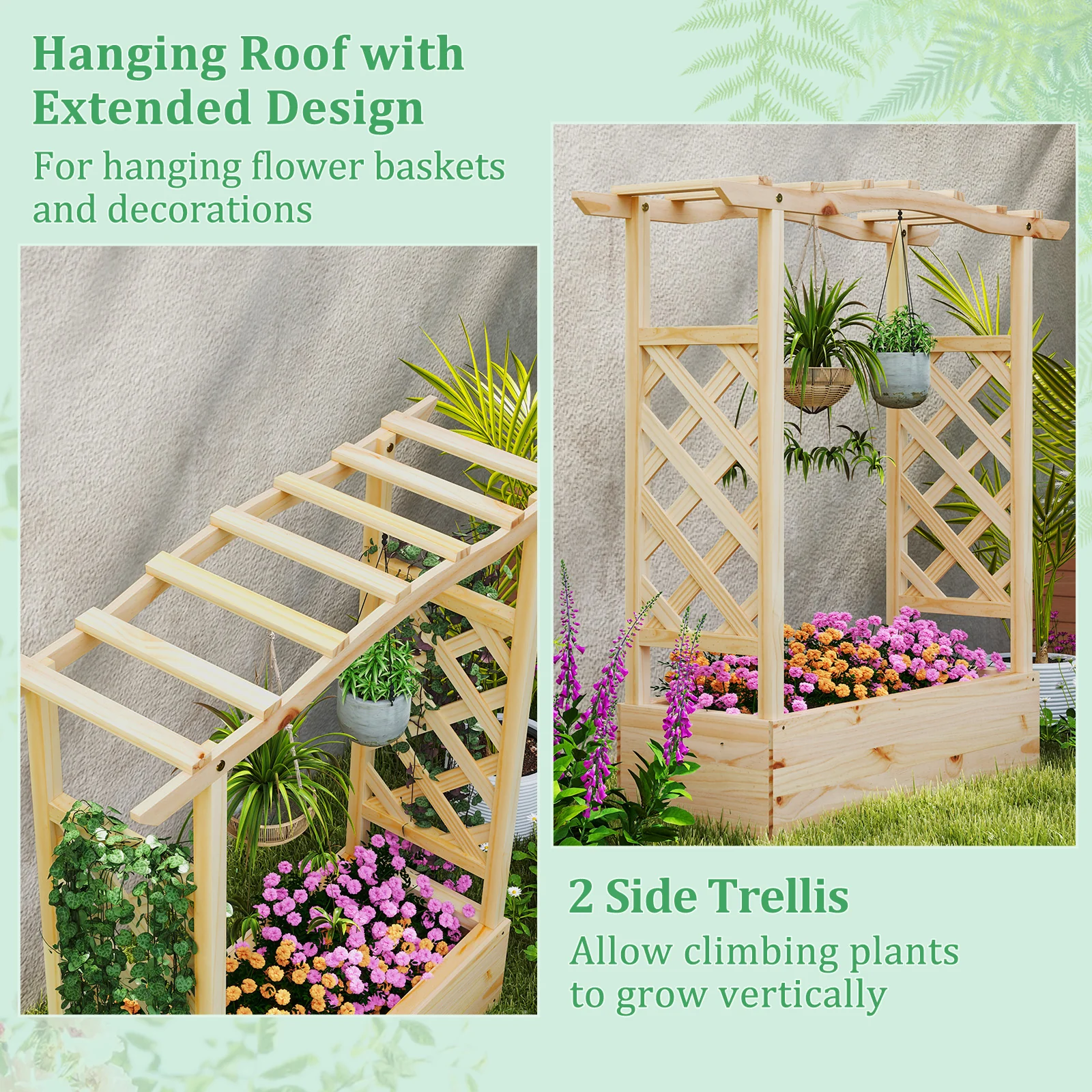 Wooden Raised Garden Bed Planter Box With Trellis And Hanging Roof - Image 7