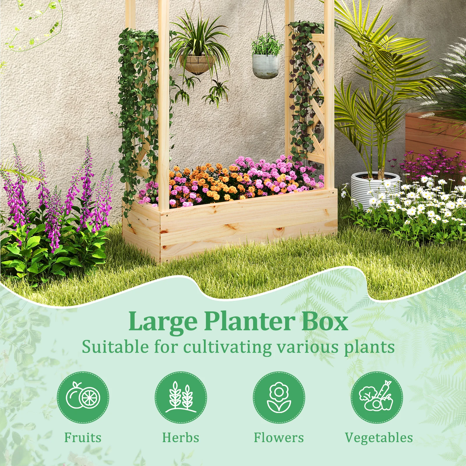 Wooden Raised Garden Bed Planter Box With Trellis And Hanging Roof - Image 8