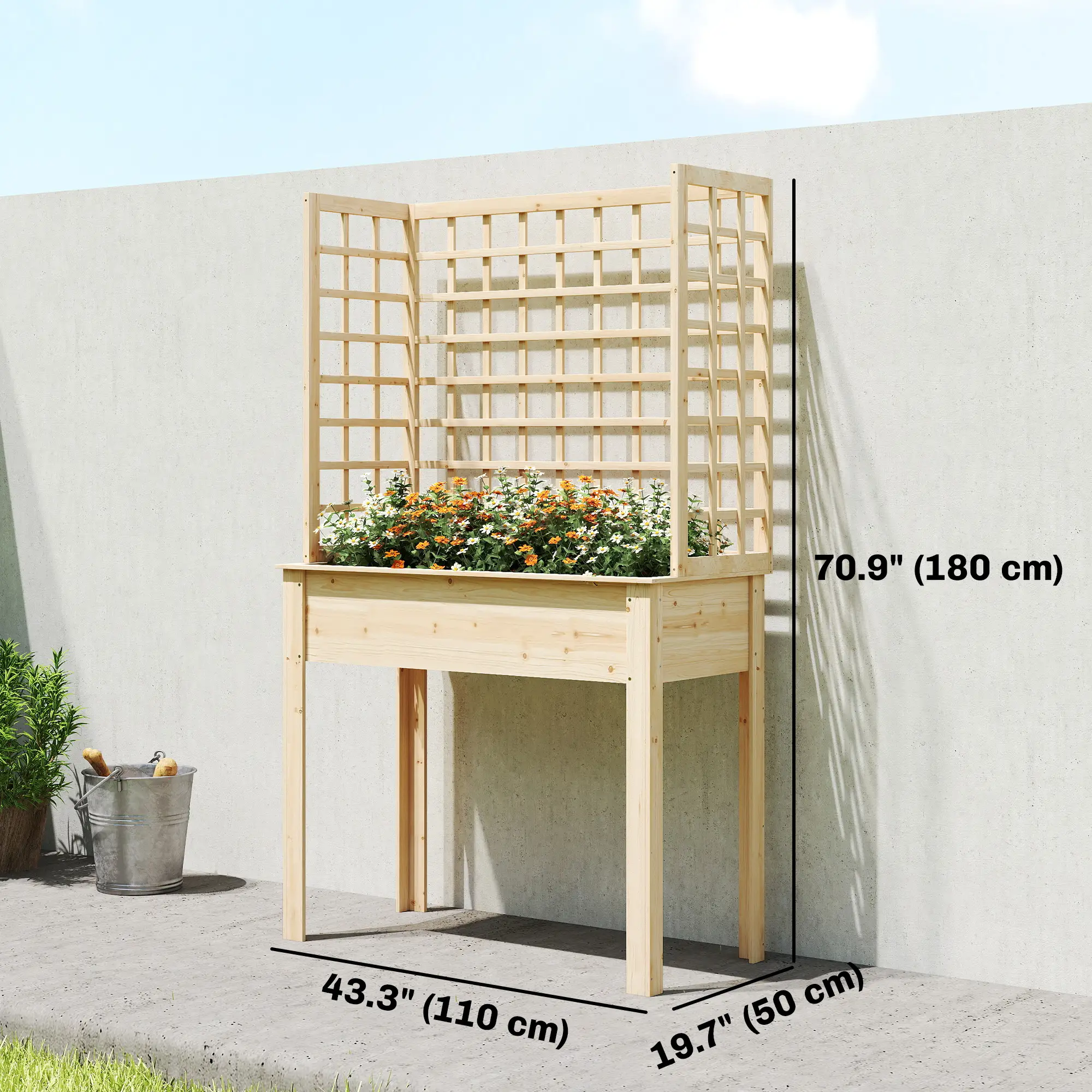 Wooden Raised Garden Bed With 3 Trellises, Planter With Drainage Holes - Image 3