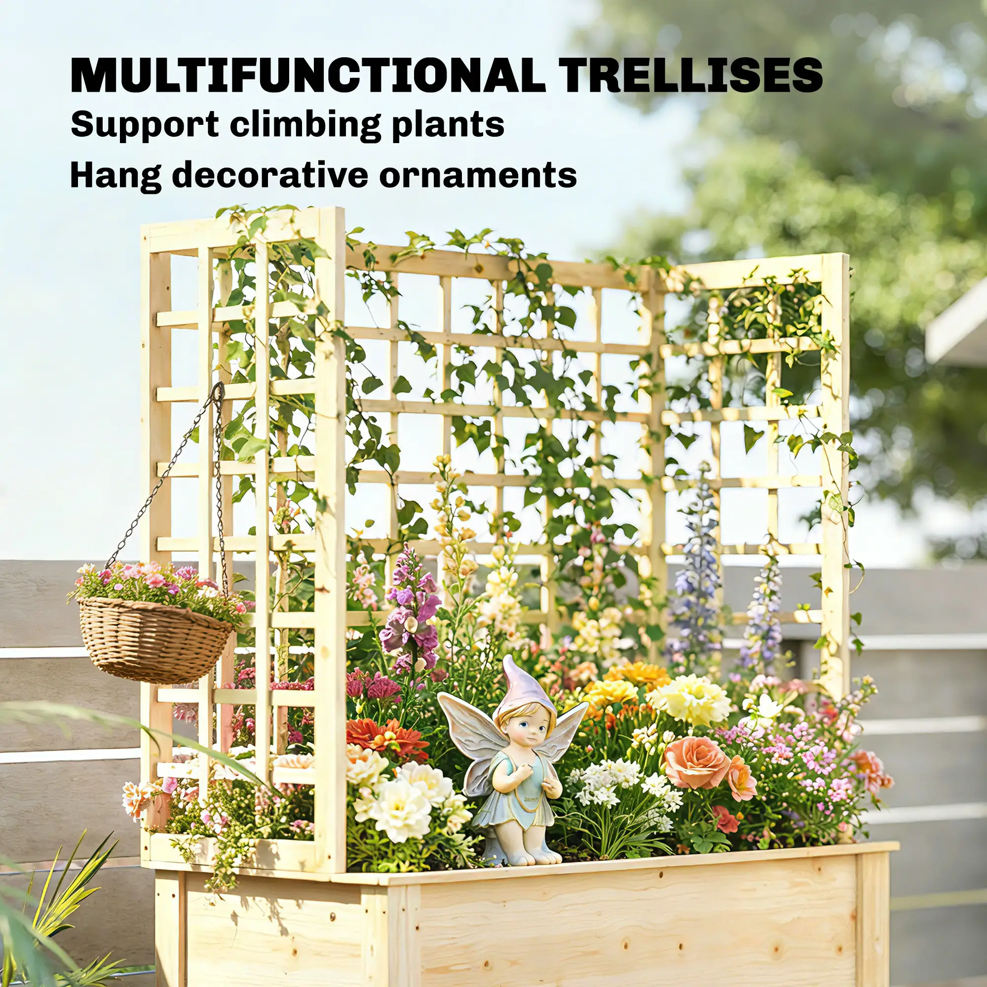 Wooden Raised Garden Bed With 3 Trellises, Planter With Drainage Holes - Image 4