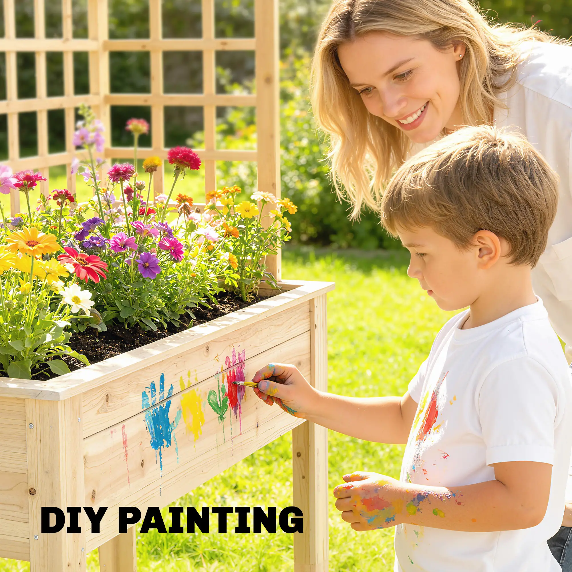 Wooden Raised Garden Bed With 3 Trellises, Planter With Drainage Holes - Image 9