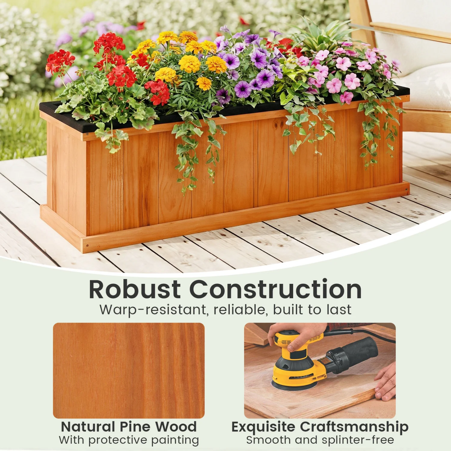 Wooden Raised Garden Bed with Drainage Holes and Liner Solid Fir Wood Planter Box-L - Image 10