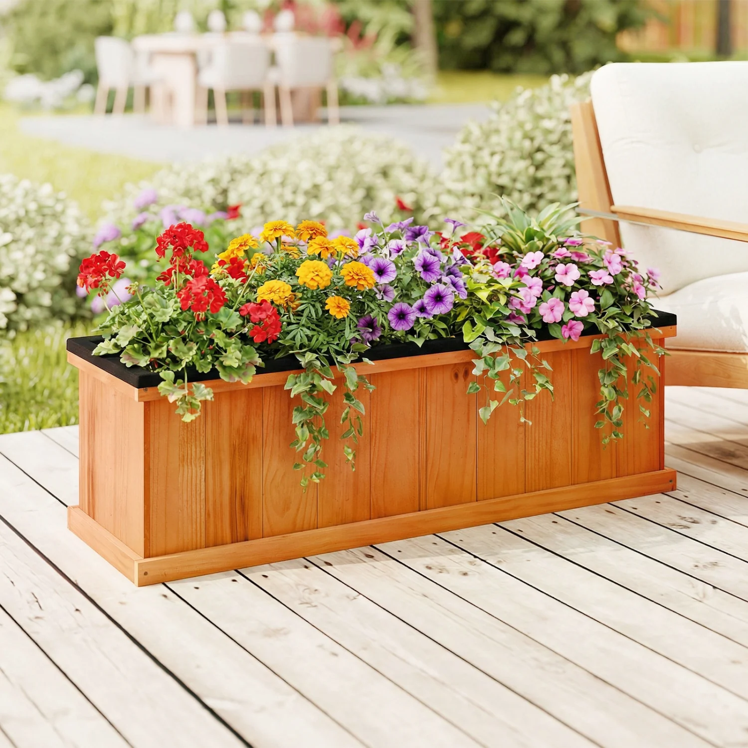 Wooden Raised Garden Bed with Drainage Holes and Liner Solid Fir Wood Planter Box-L - Image 2