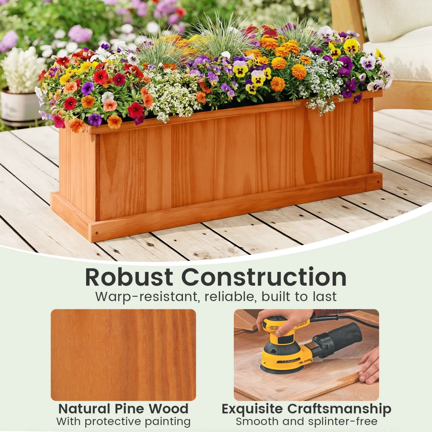Wooden Raised Garden Bed with Drainage Holes and Liner Solid Fir Wood Planter Box-M - Image 10
