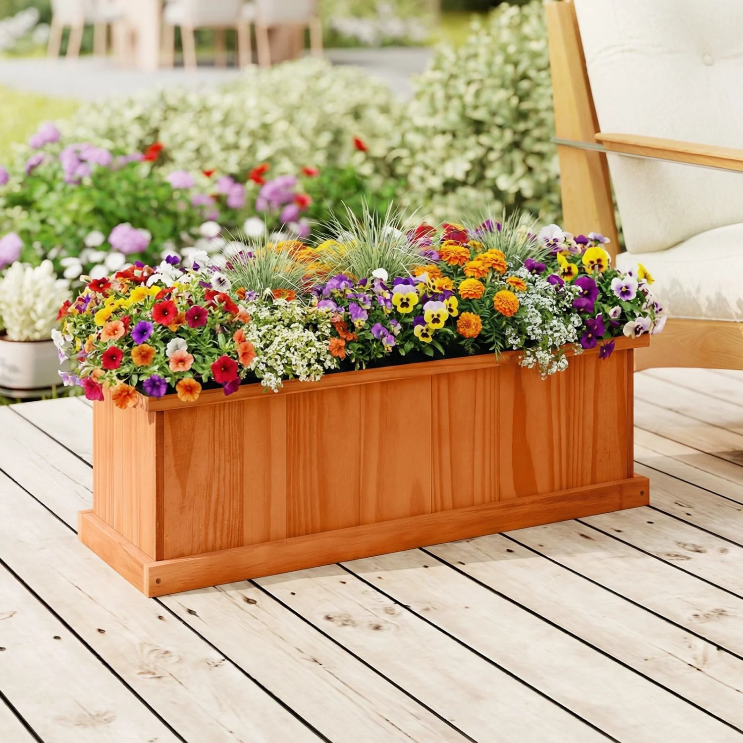 Wooden Raised Garden Bed with Drainage Holes and Liner Solid Fir Wood Planter Box-M - Image 2