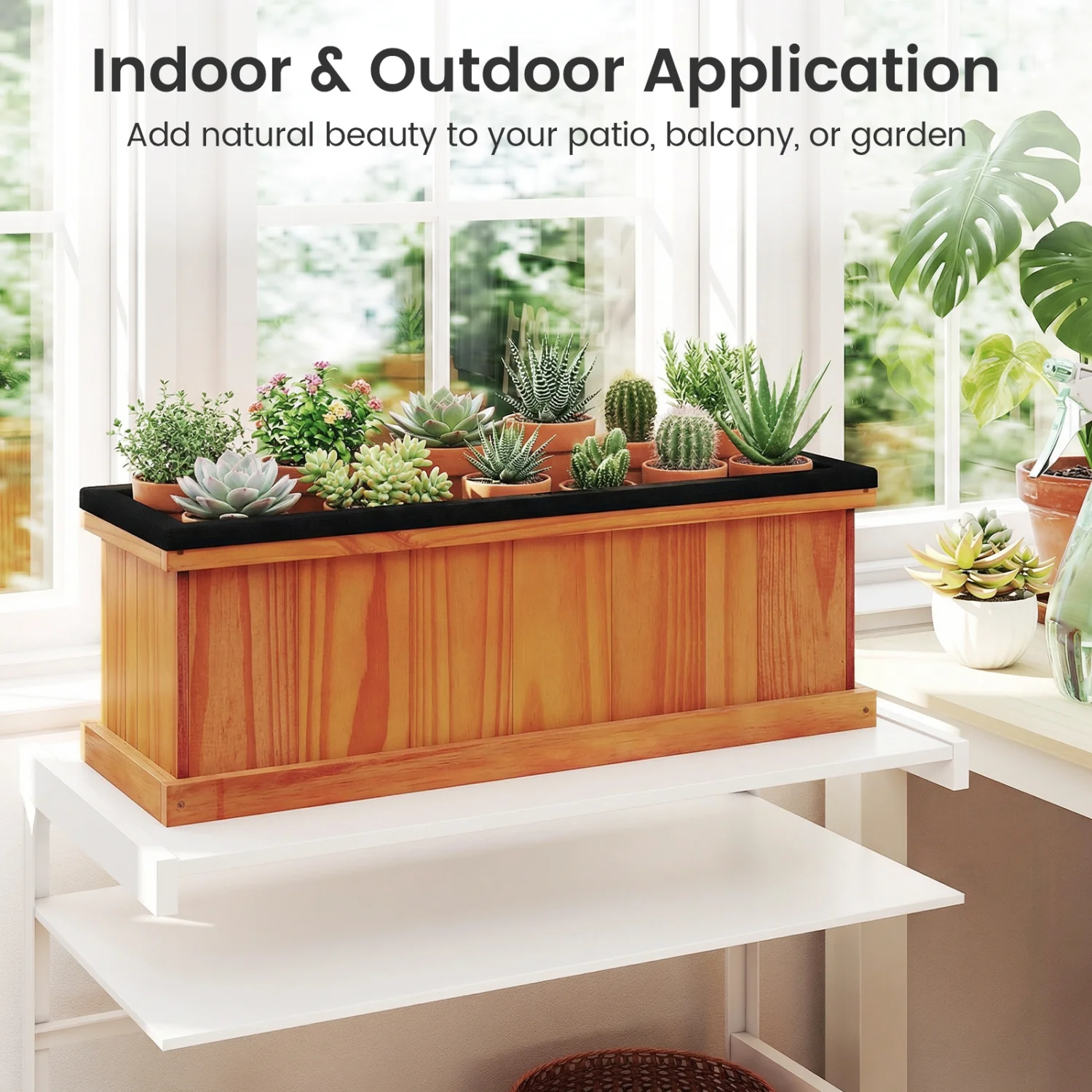 Wooden Raised Garden Bed with Drainage Holes and Liner Solid Fir Wood Planter Box-M - Image 9