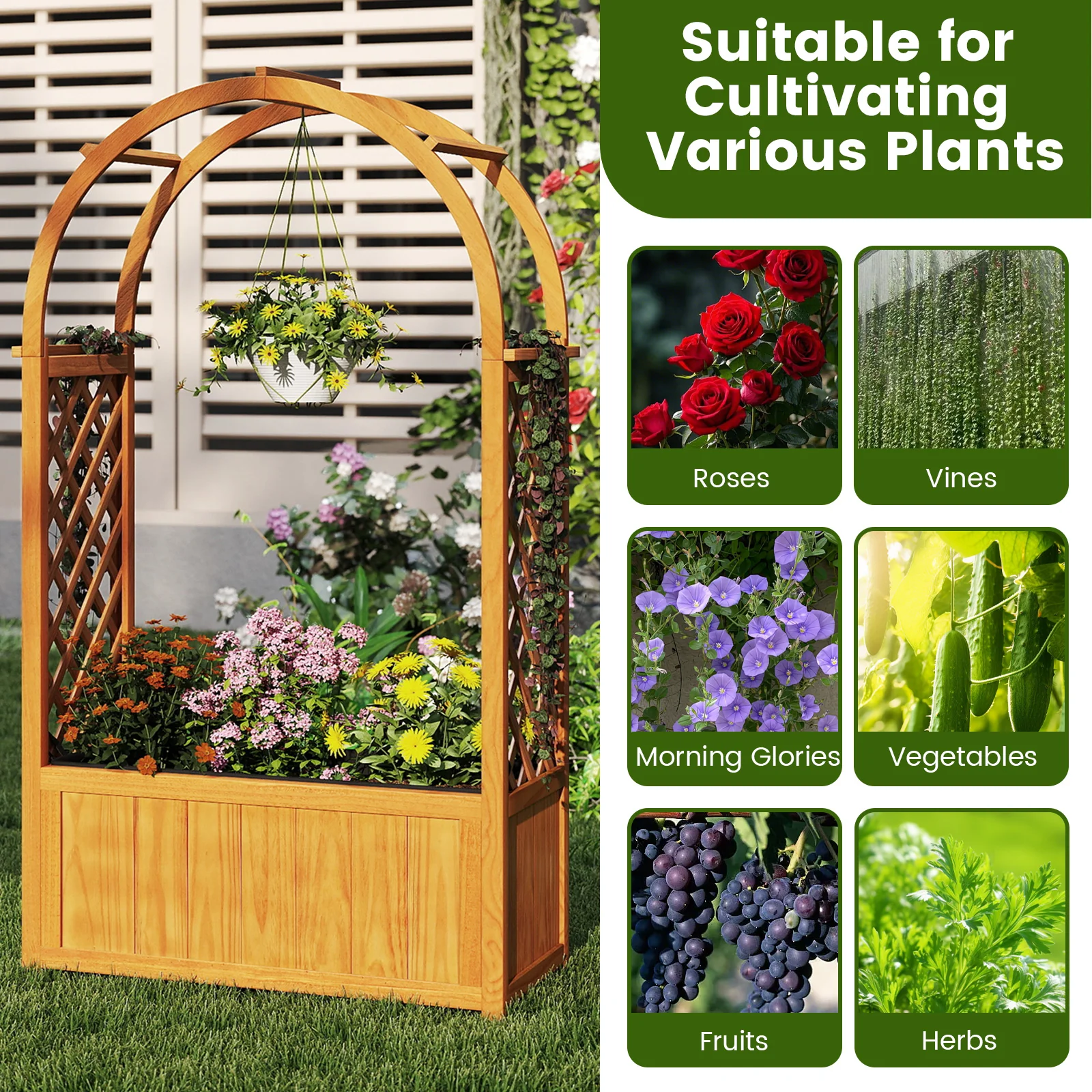 Wooden Raised Garden Bed With Lattice Trellis, Arched Roof, Orange - Image 10