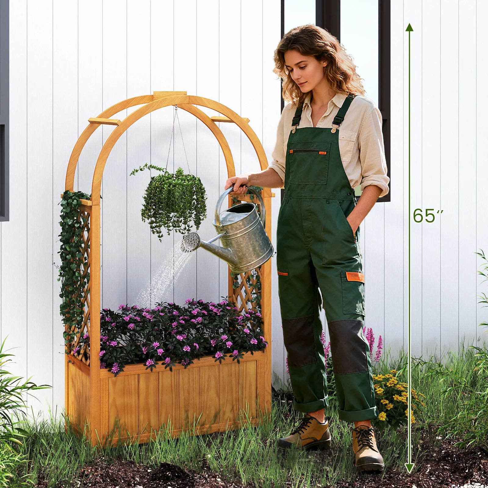 Wooden Raised Garden Bed With Lattice Trellis, Arched Roof, Orange - Image 3