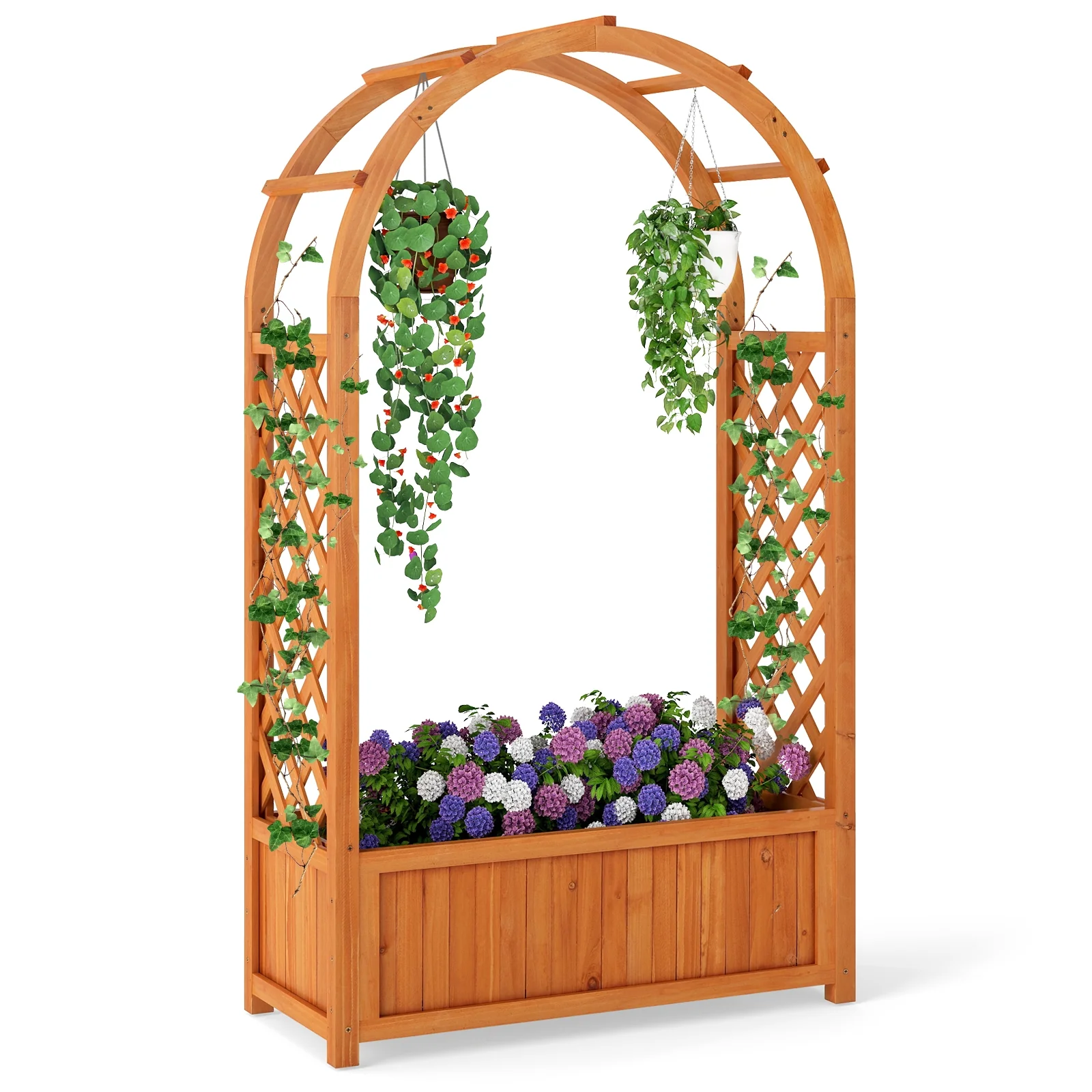 Wooden Raised Garden Bed With Lattice Trellis, Brown