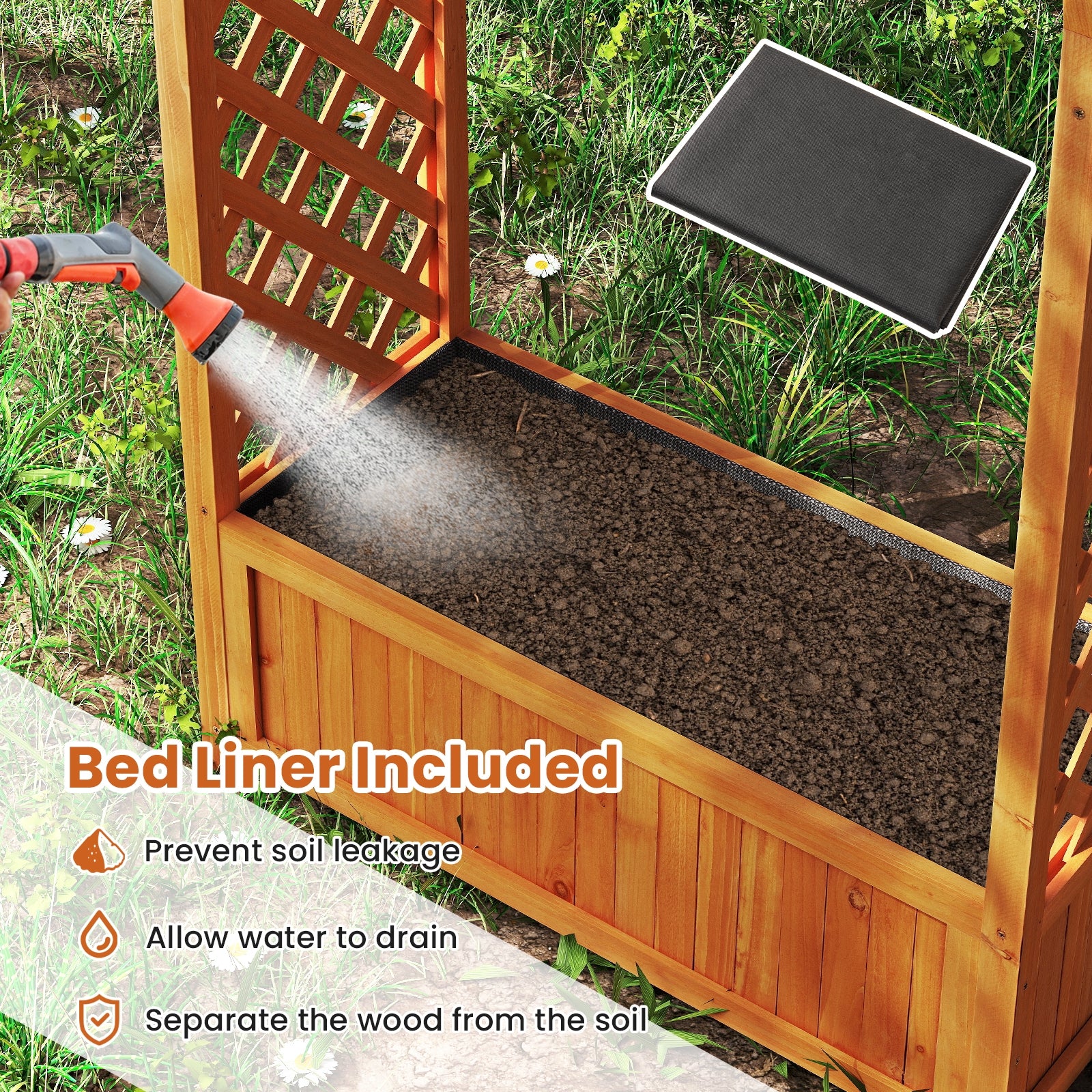 Wooden Raised Garden Bed With Lattice Trellis, Brown - Image 10
