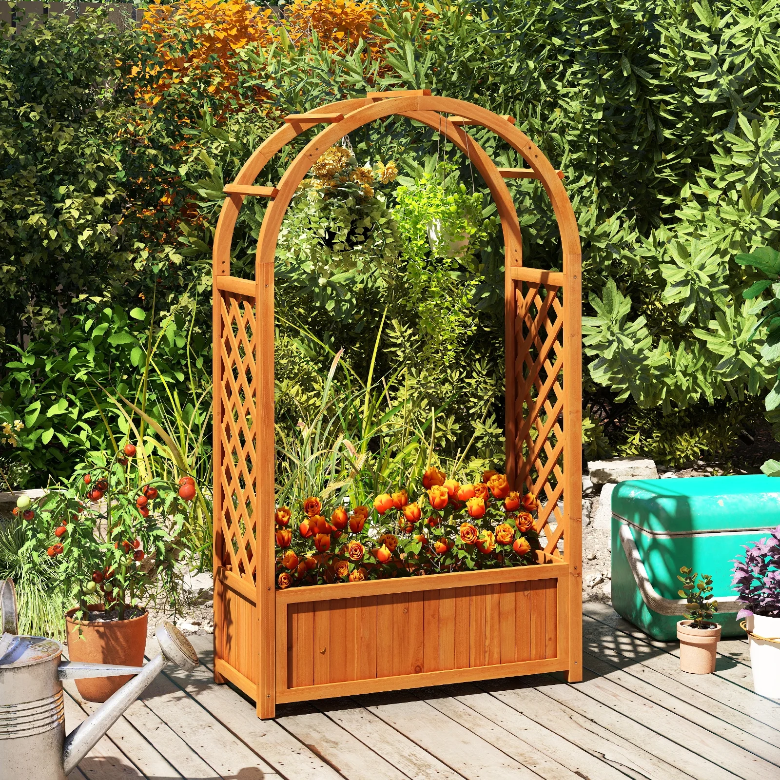 Wooden Raised Garden Bed With Lattice Trellis, Brown - Image 2