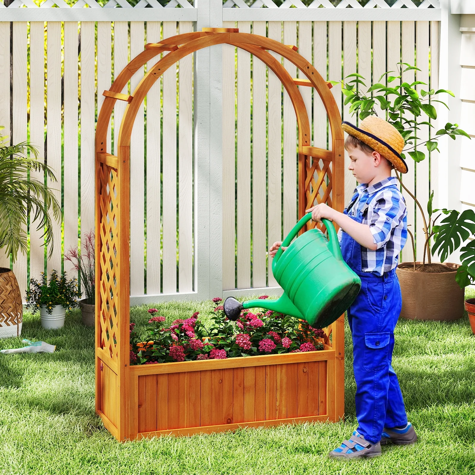 Wooden Raised Garden Bed With Lattice Trellis, Brown - Image 3