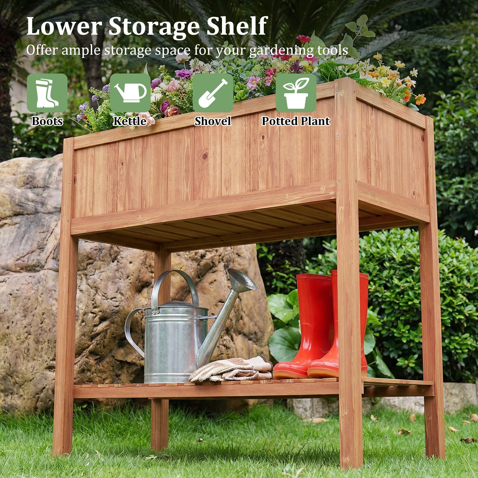 Wooden Raised Garden Bed with Storage Shelf and 220 LBS Capacity, Orange - Image 10