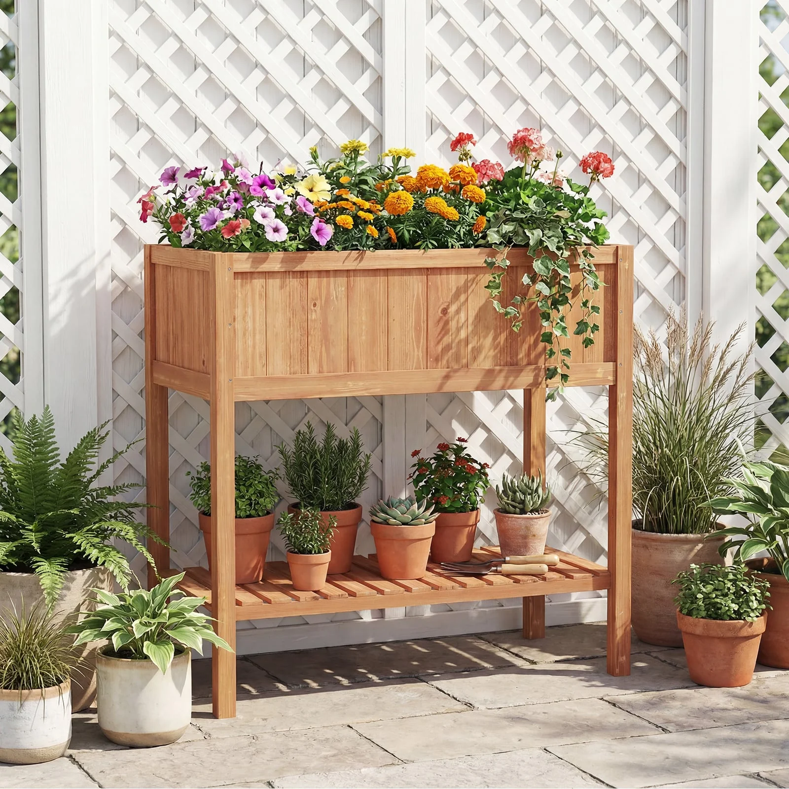 Wooden Raised Garden Bed with Storage Shelf and 220 LBS Capacity, Orange - Image 2