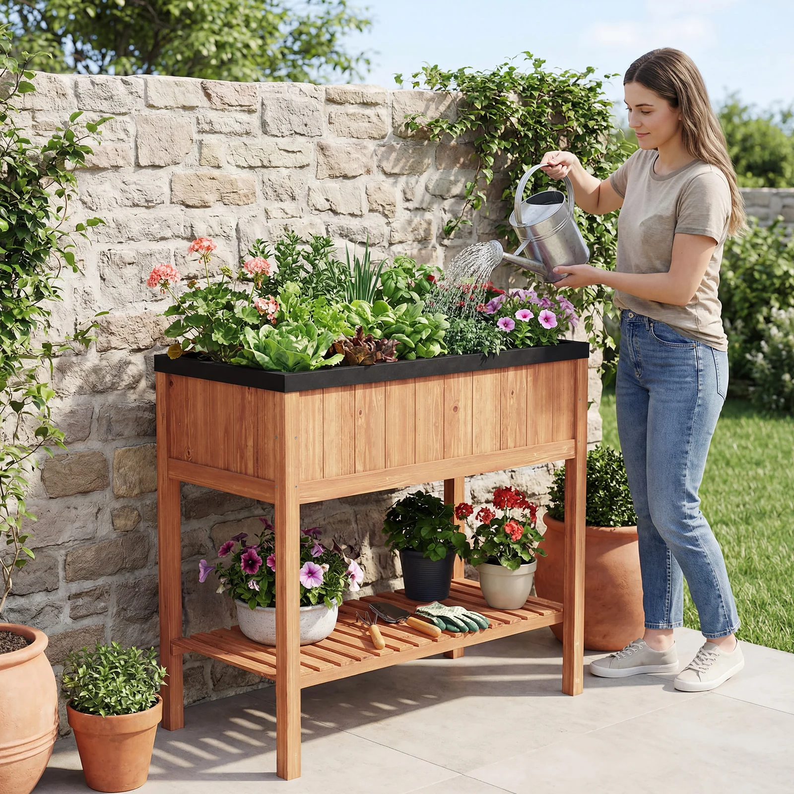 Wooden Raised Garden Bed with Storage Shelf and 220 LBS Capacity, Orange - Image 3