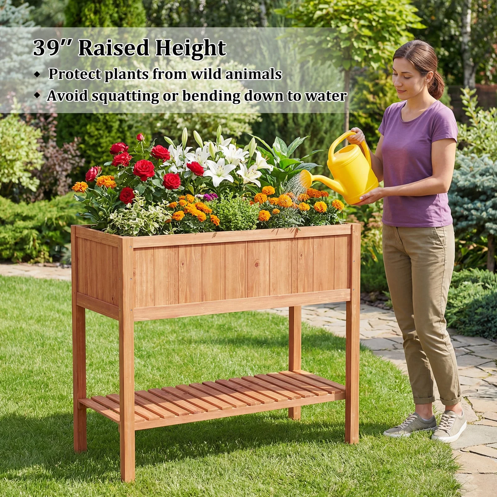 Wooden Raised Garden Bed with Storage Shelf and 220 LBS Capacity, Orange - Image 7