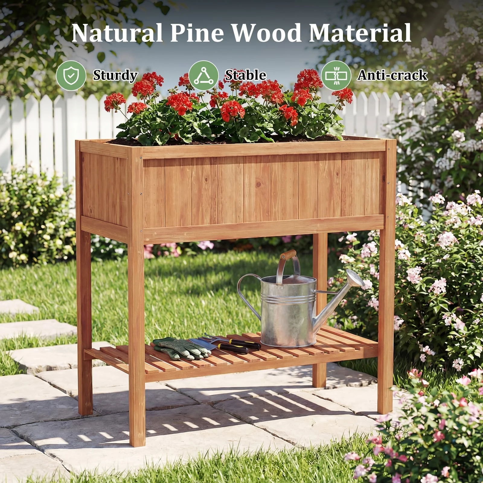 Wooden Raised Garden Bed with Storage Shelf and 220 LBS Capacity, Orange - Image 9