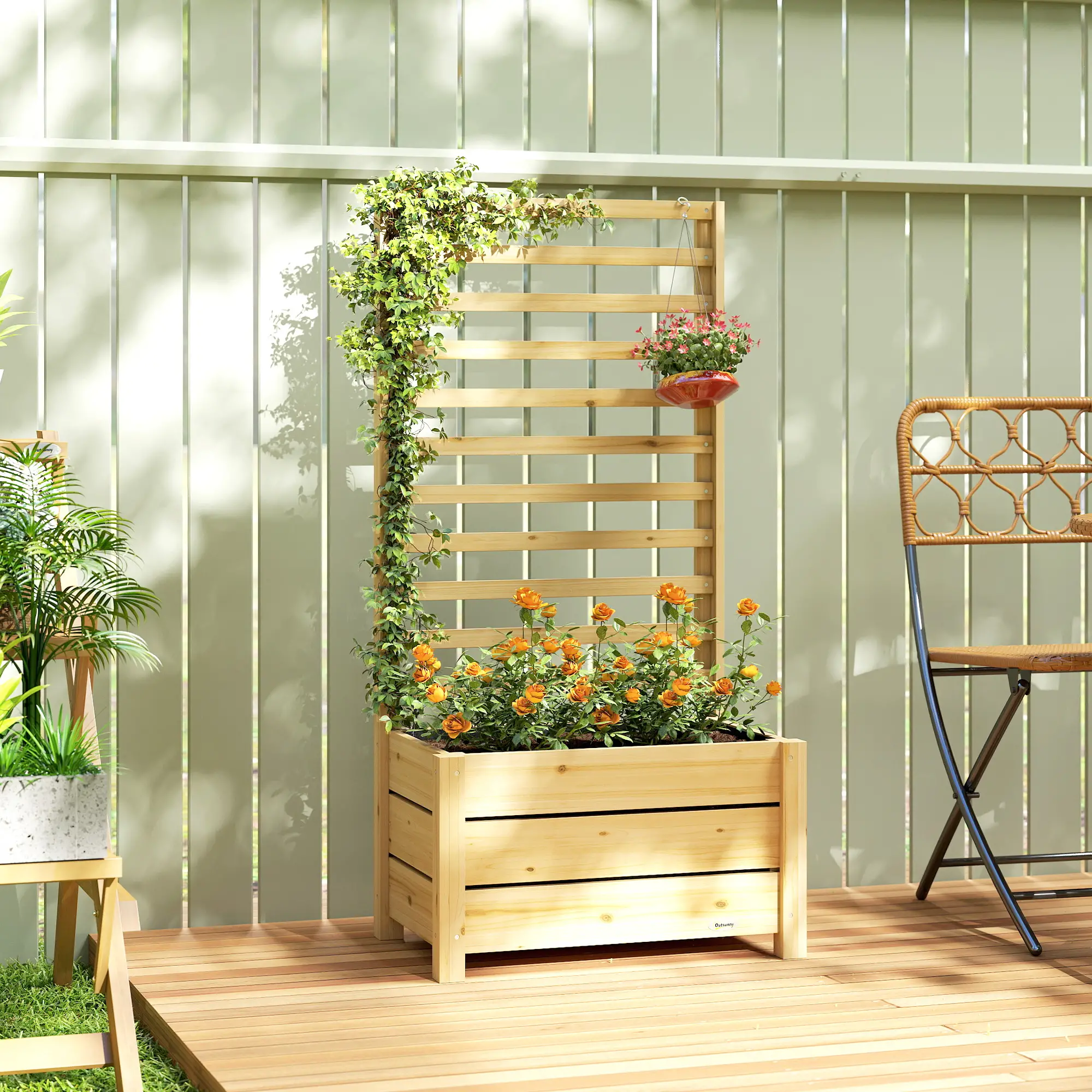 Wooden Raised Garden Bed With Trellis, Elevated Planter Box With Drainage - Image 2