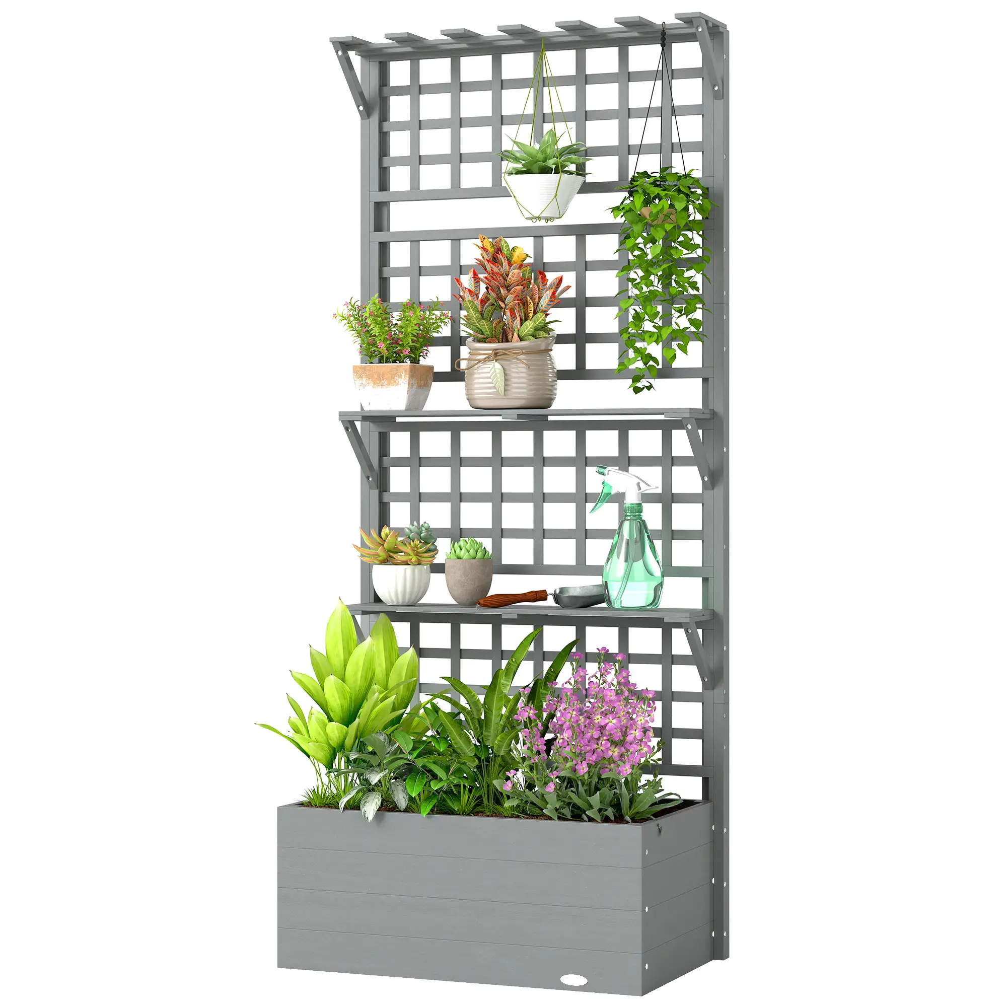 Wooden Raised Garden Bed With Trellis, Roof, 2 Shelves, Grey