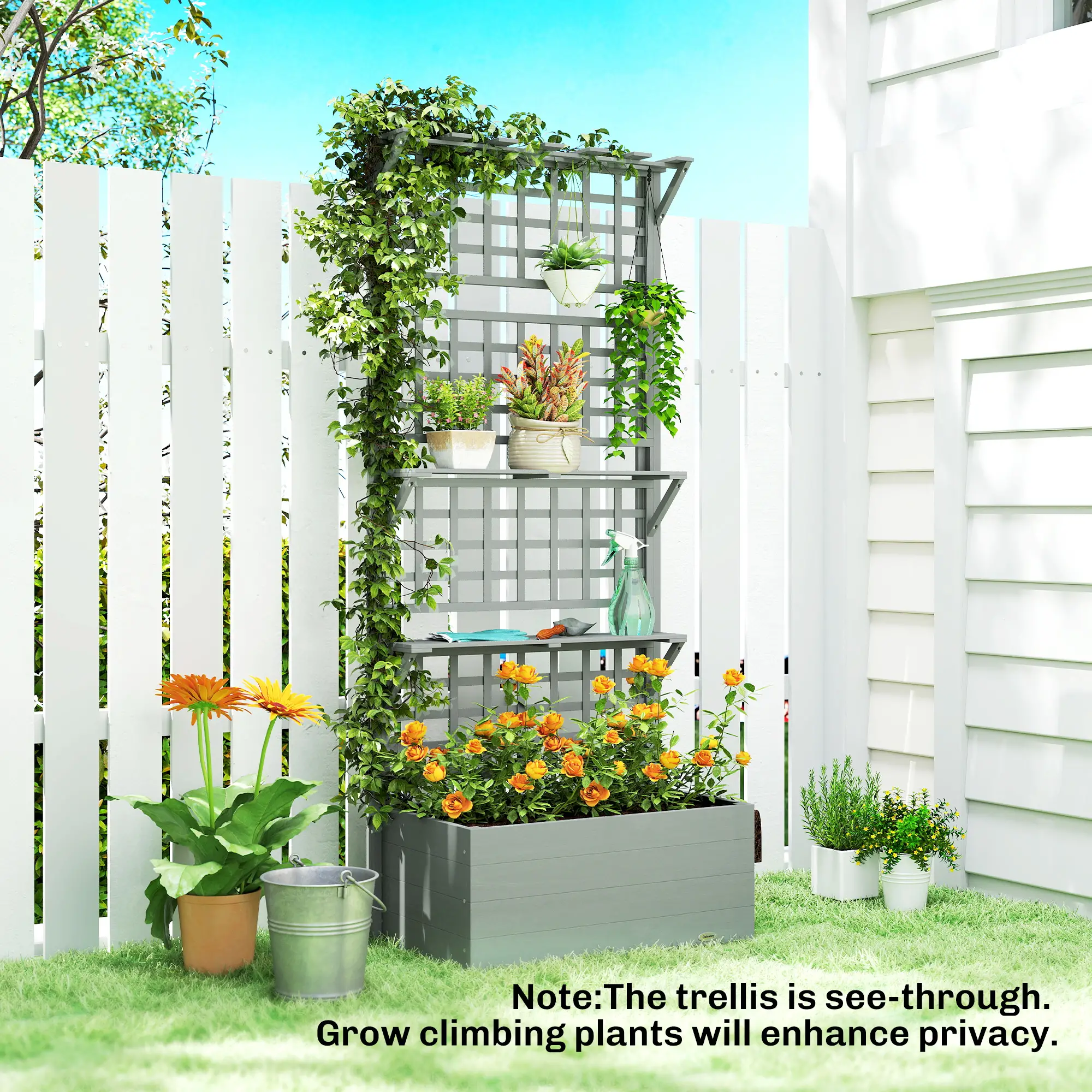 Wooden Raised Garden Bed With Trellis, Roof, 2 Shelves, Grey - Image 10