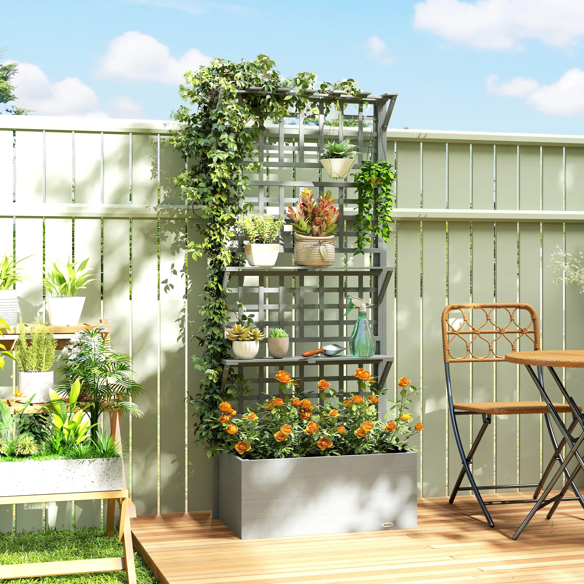 Wooden Raised Garden Bed With Trellis, Roof, 2 Shelves, Grey - Image 2