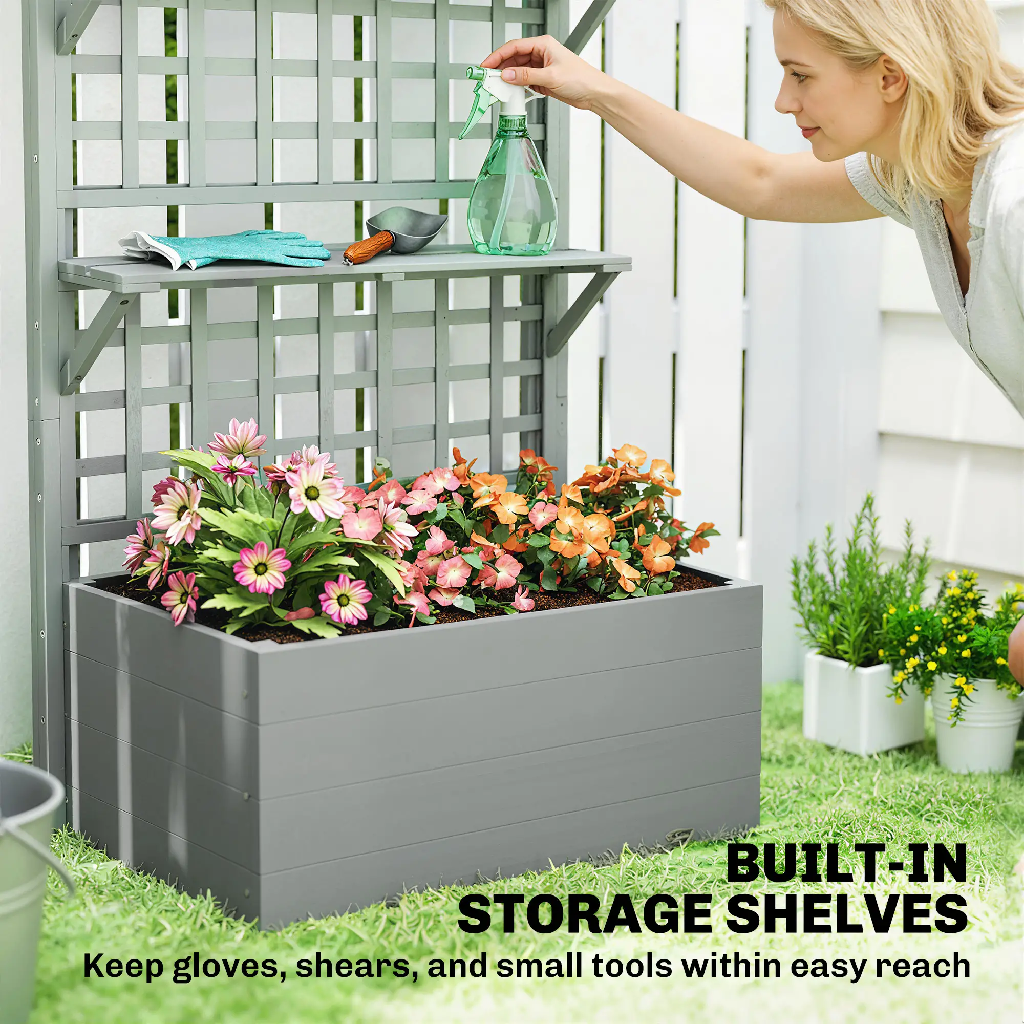 Wooden Raised Garden Bed With Trellis, Roof, 2 Shelves, Grey - Image 6