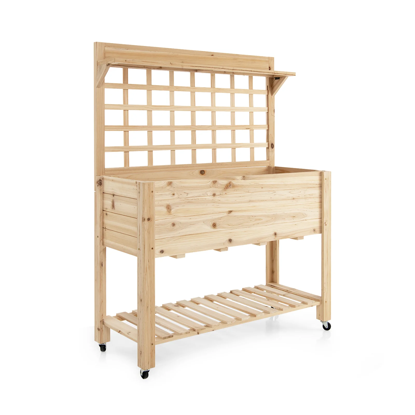 Wooden Raised Garden Bed With Wheels, Trellis, Storage Shelf, Natural