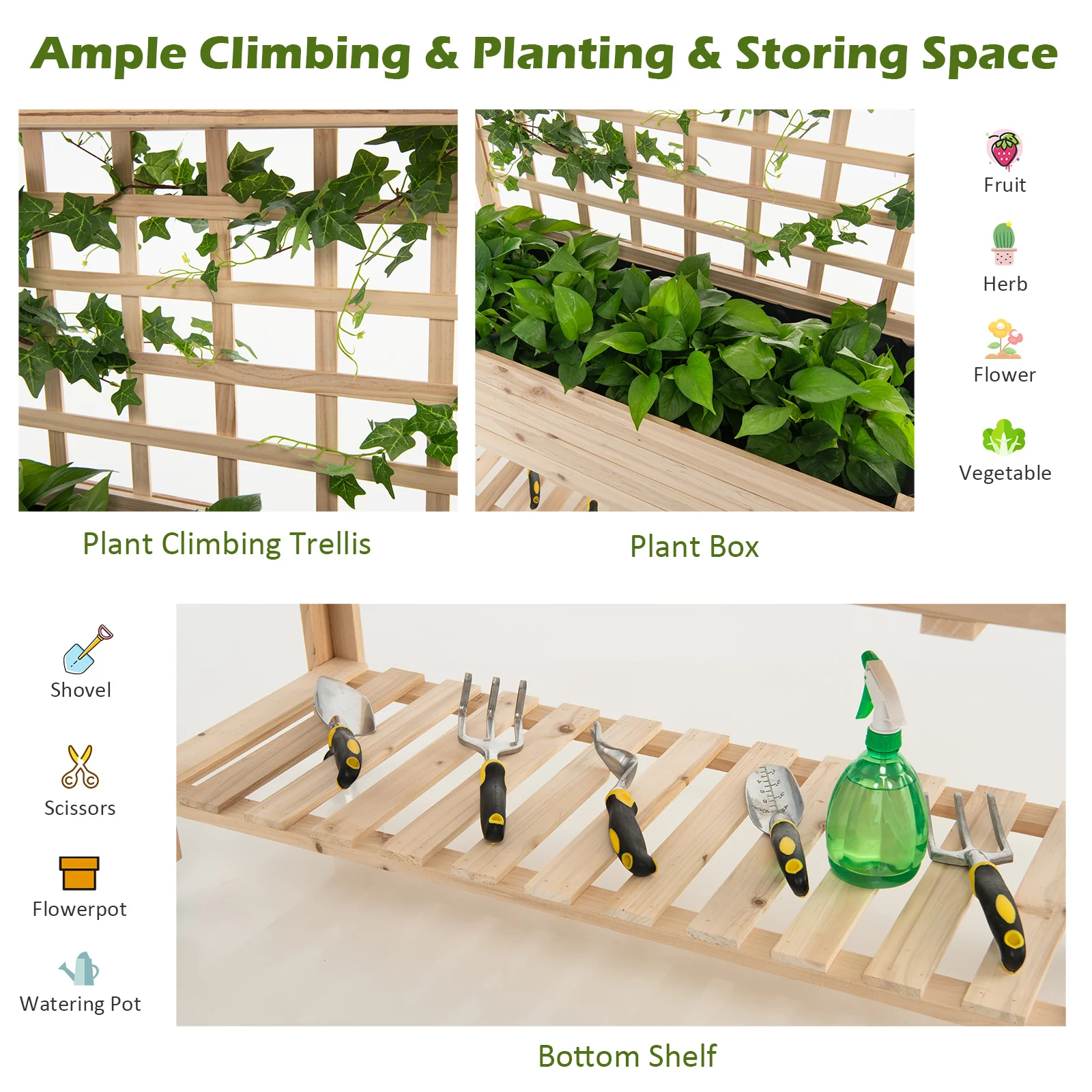 Wooden Raised Garden Bed With Wheels, Trellis, Storage Shelf, Natural - Image 10
