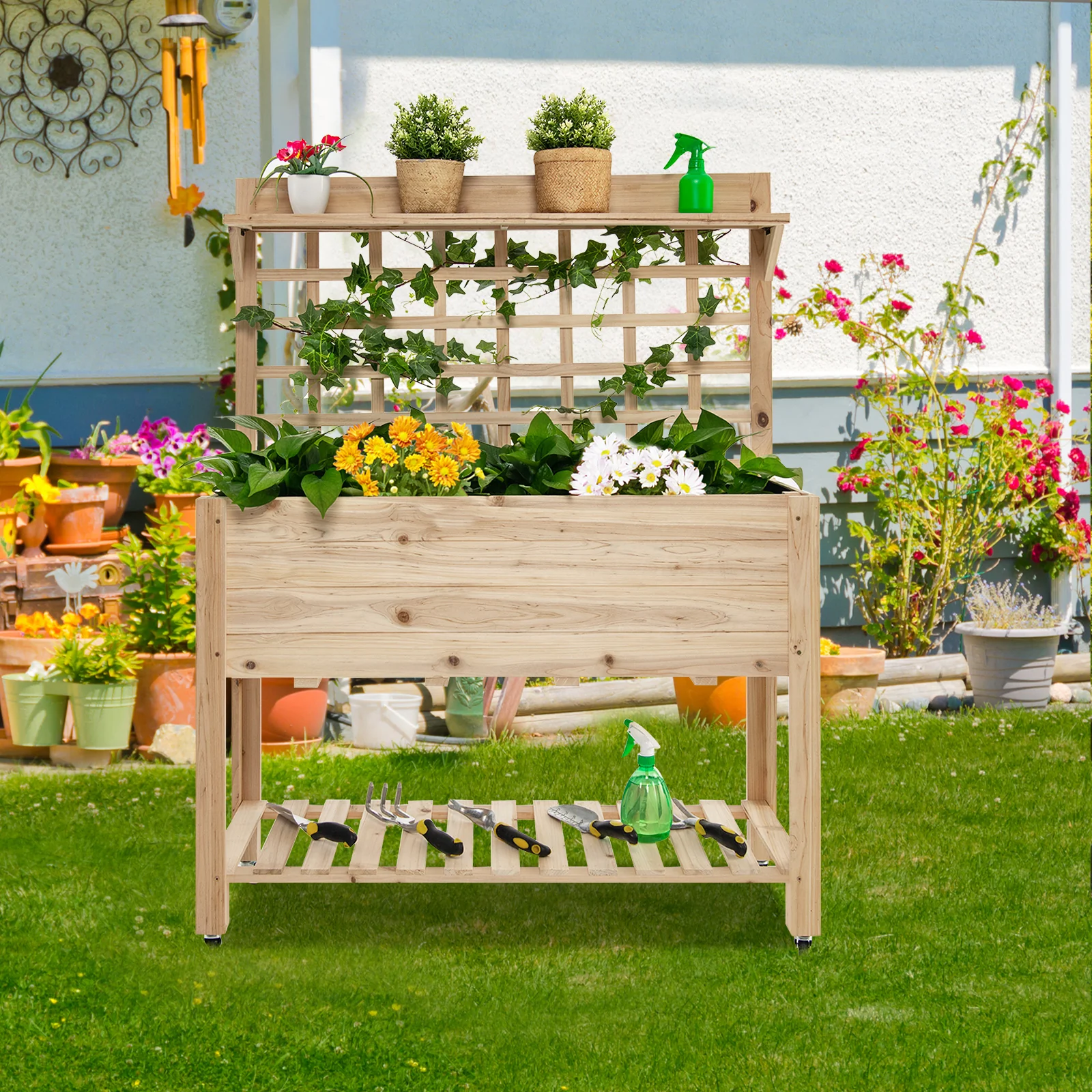 Wooden Raised Garden Bed With Wheels, Trellis, Storage Shelf, Natural - Image 2