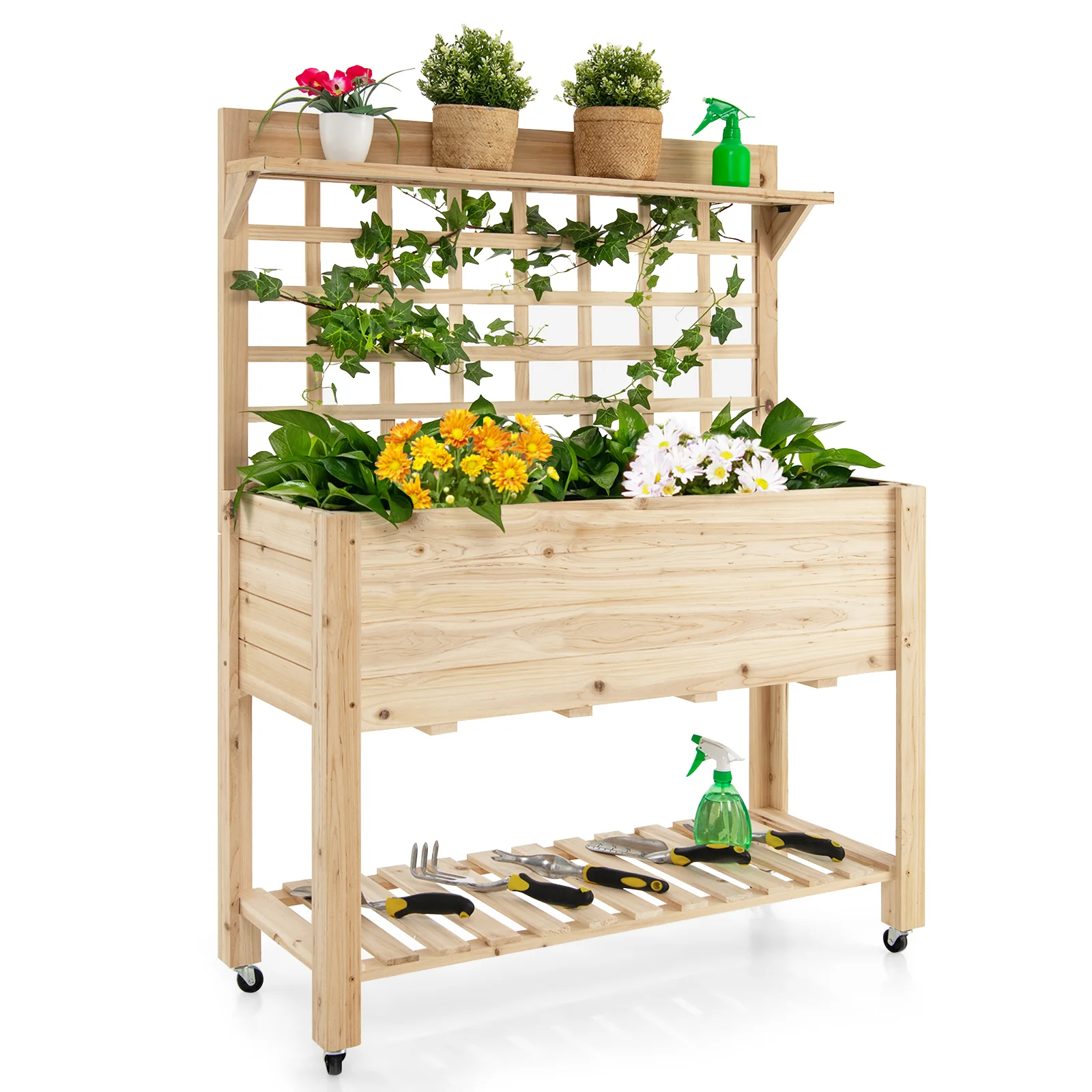 Wooden Raised Garden Bed With Wheels, Trellis, Storage Shelf, Natural - Image 4