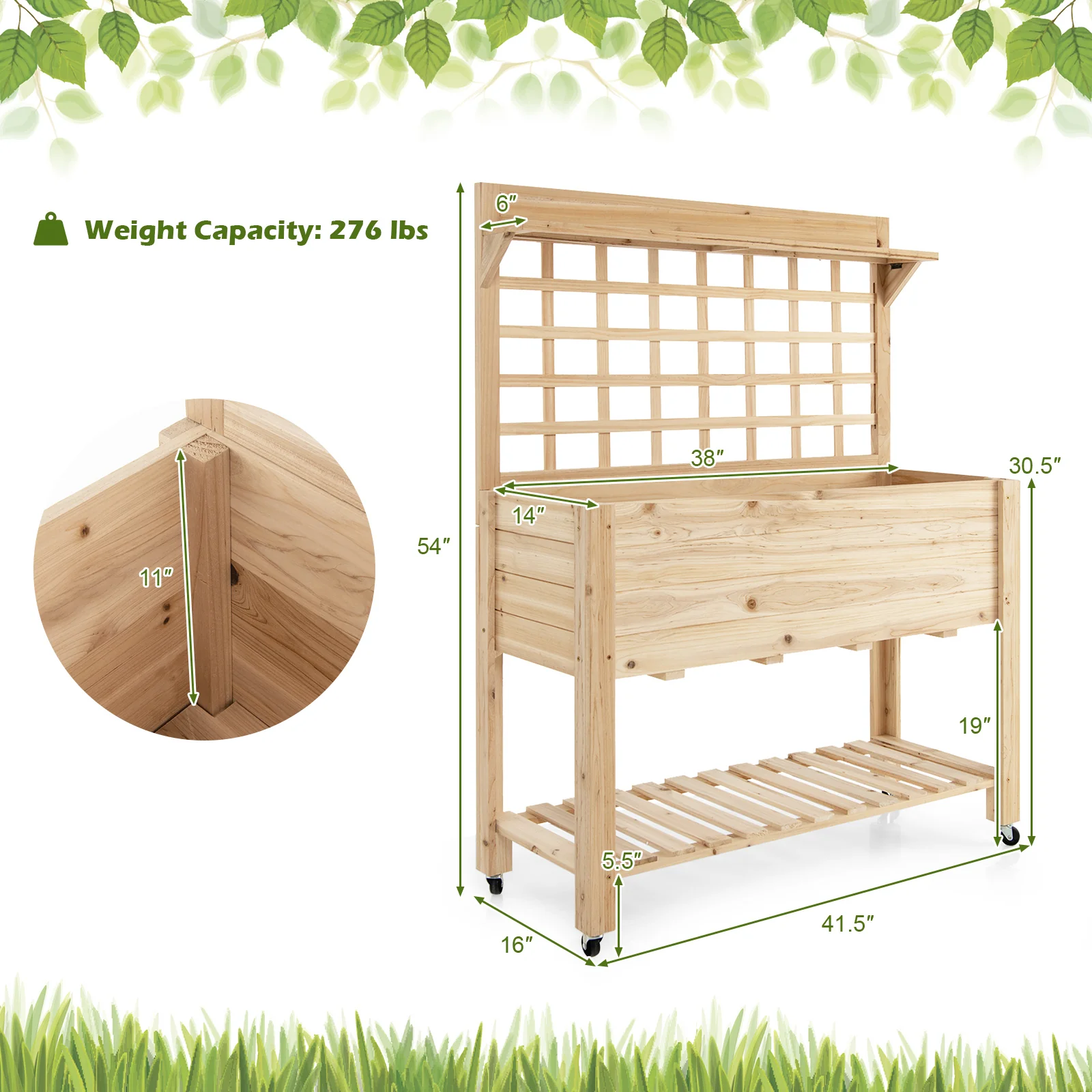 Wooden Raised Garden Bed With Wheels, Trellis, Storage Shelf, Natural - Image 5