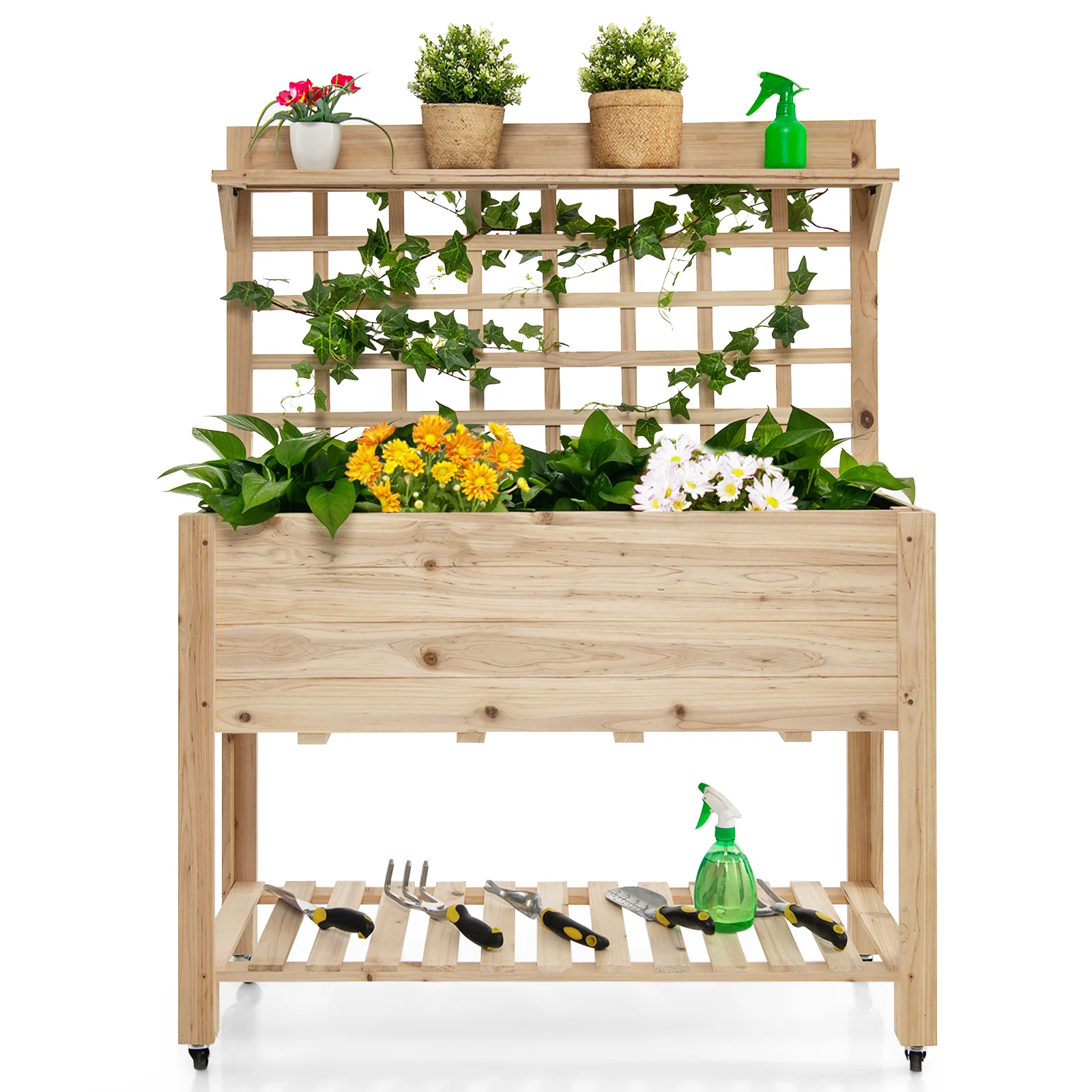 Wooden Raised Garden Bed With Wheels, Trellis, Storage Shelf, Natural - Image 6