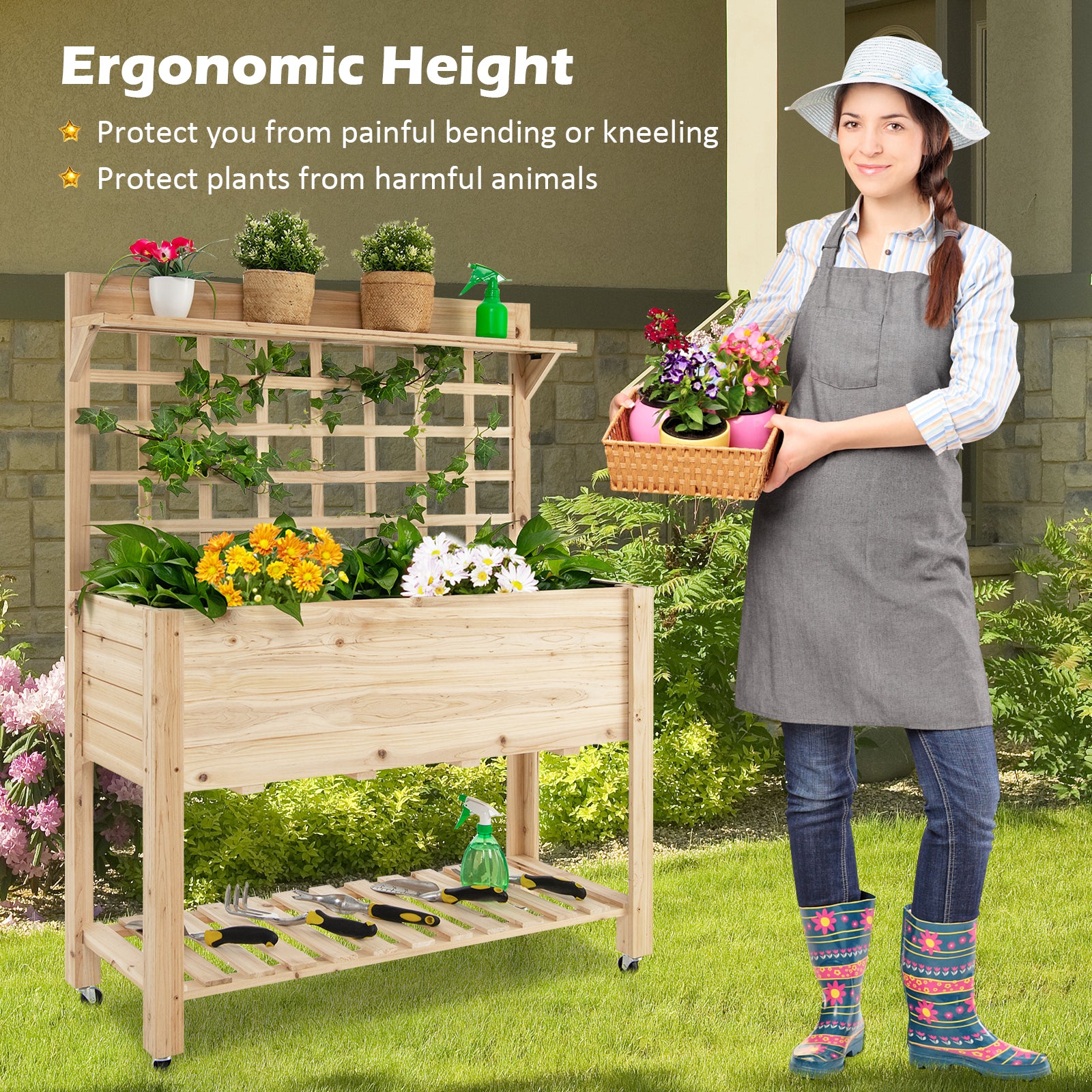 Wooden Raised Garden Bed With Wheels, Trellis, Storage Shelf, Natural - Image 7