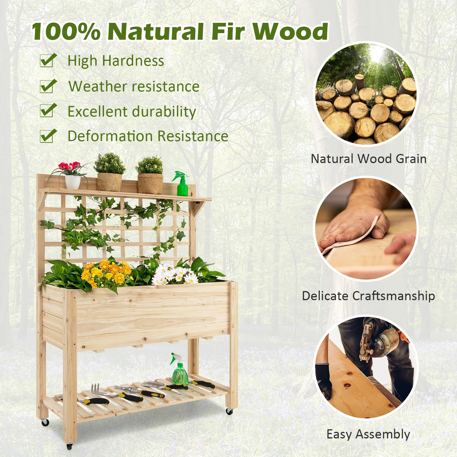 Wooden Raised Garden Bed With Wheels, Trellis, Storage Shelf, Natural - Image 8