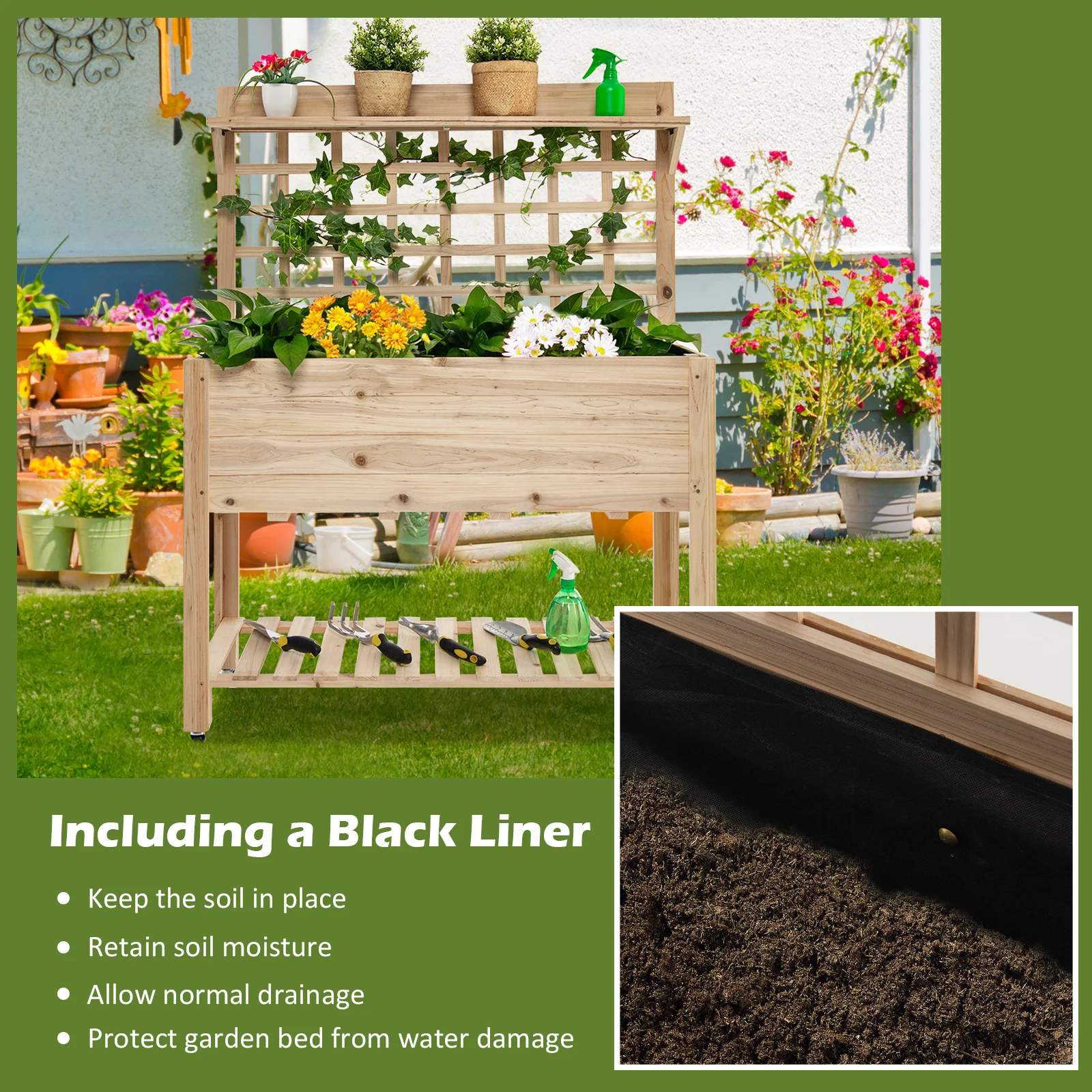 Wooden Raised Garden Bed With Wheels, Trellis, Storage Shelf, Natural - Image 9