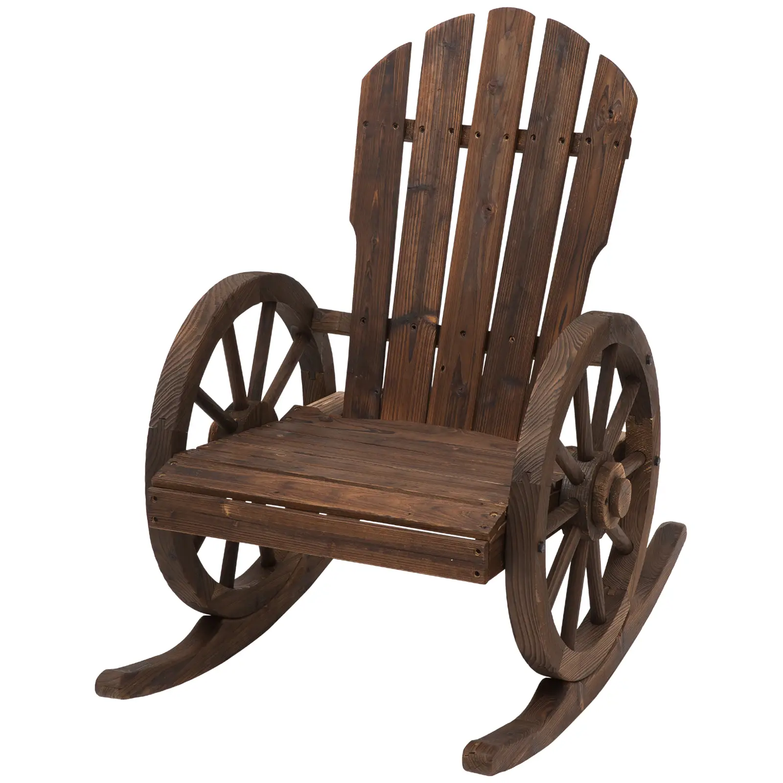 Wooden Rocking Chair, Outdoor Rocker with Slatted Design, Wheel Armrests, Carbonized