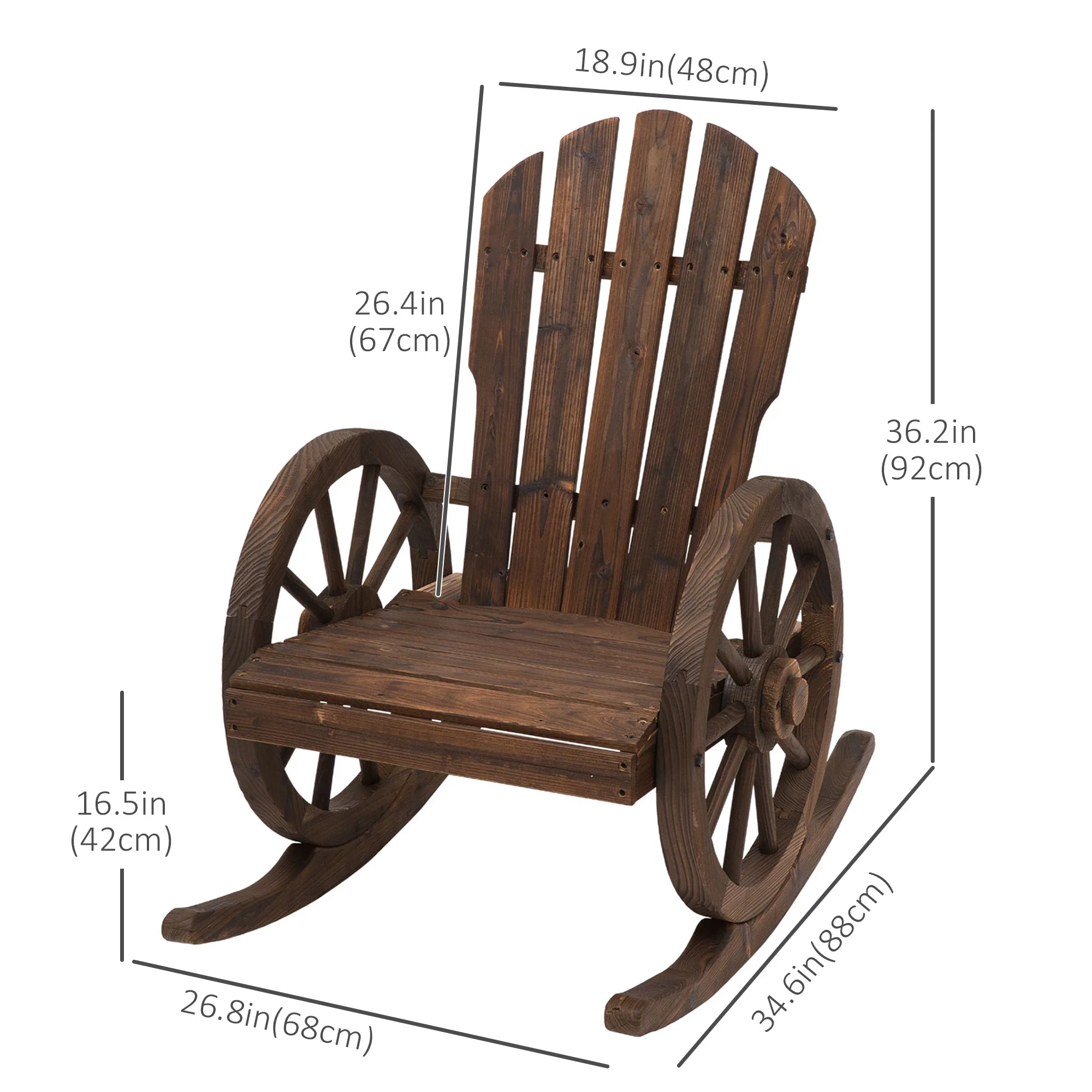 Wooden Rocking Chair, Outdoor Rocker with Slatted Design, Wheel Armrests, Carbonized - Image 3