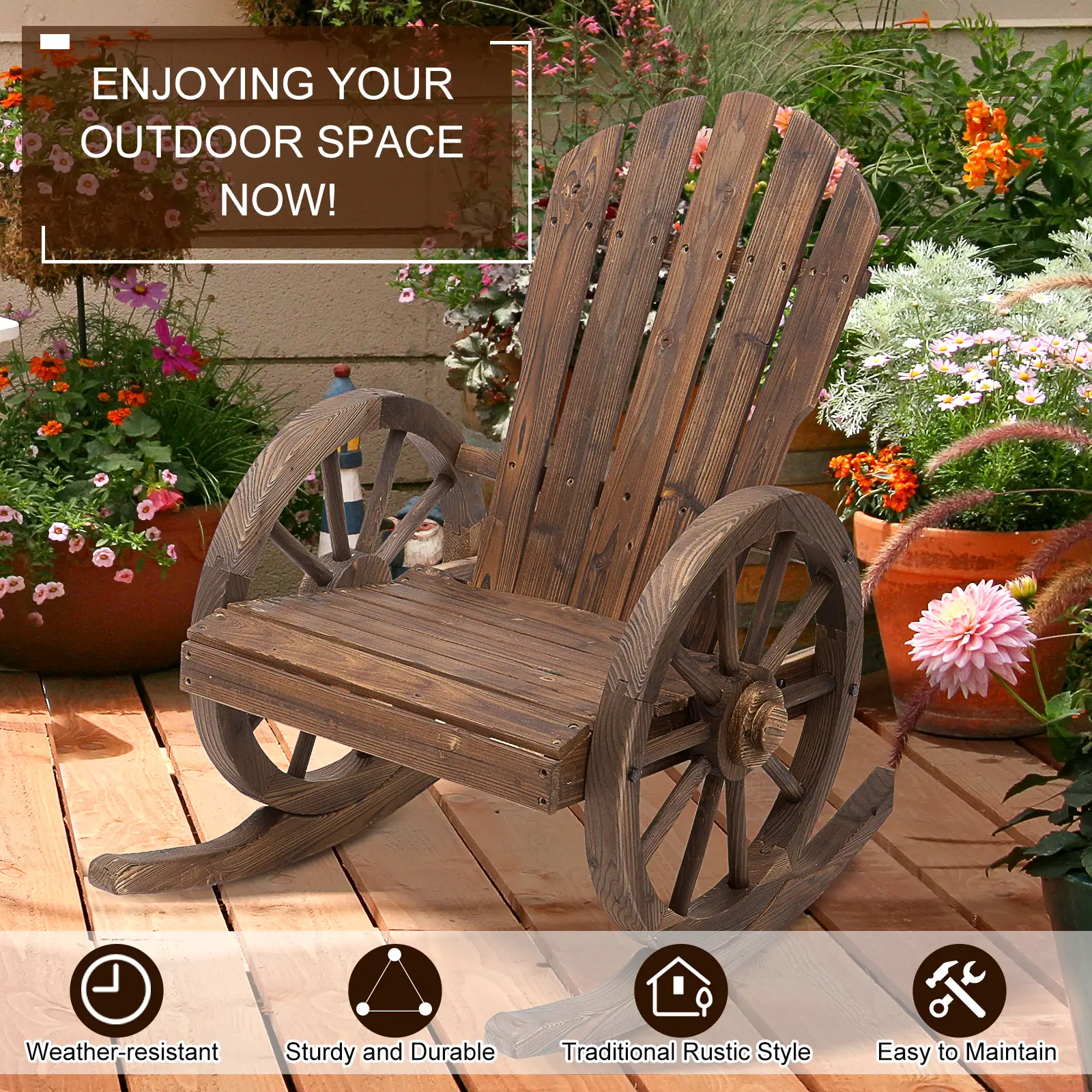 Wooden Rocking Chair, Outdoor Rocker with Slatted Design, Wheel Armrests, Carbonized - Image 5